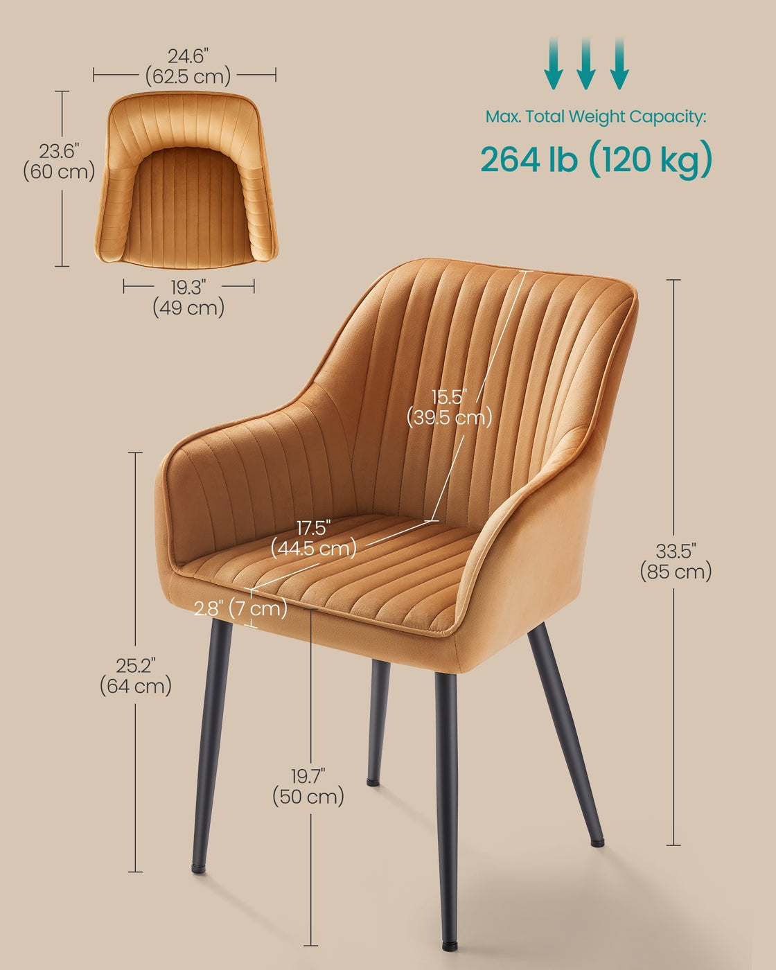 Dining Chair - Velvet - Caramel Brown - Upholstered with Armrests
