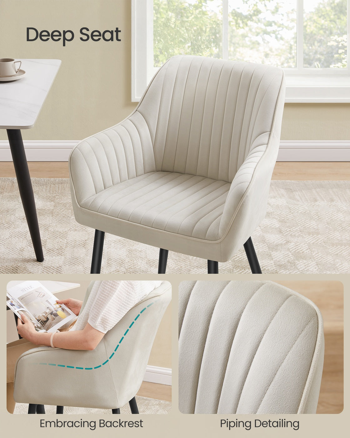 Dining Chair - Velvet - Grey - Upholstered with Armrests and Metal Legs