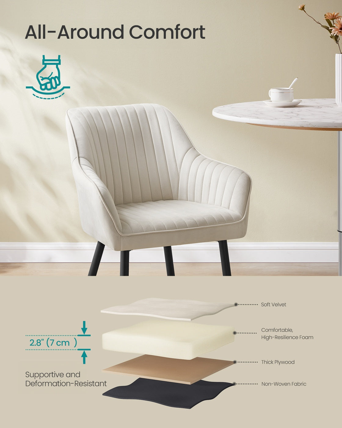 Dining Chair - Velvet - Grey - Upholstered with Armrests and Metal Legs
