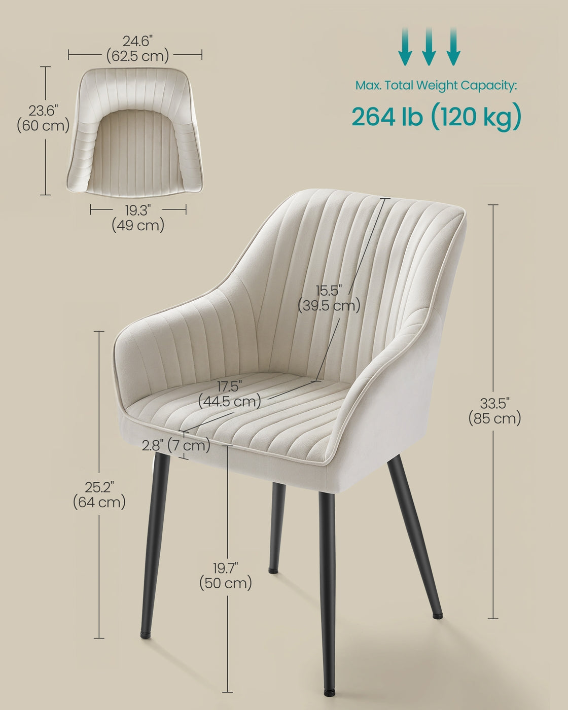 Dining Chair - Velvet - Grey - Upholstered with Armrests and Metal Legs