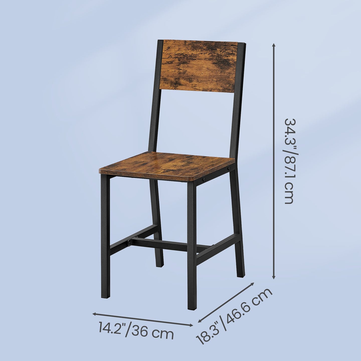 Set of 2 Rustic Brown and Black Kitchen Chairs - Steel Frame - Stylish Back Design