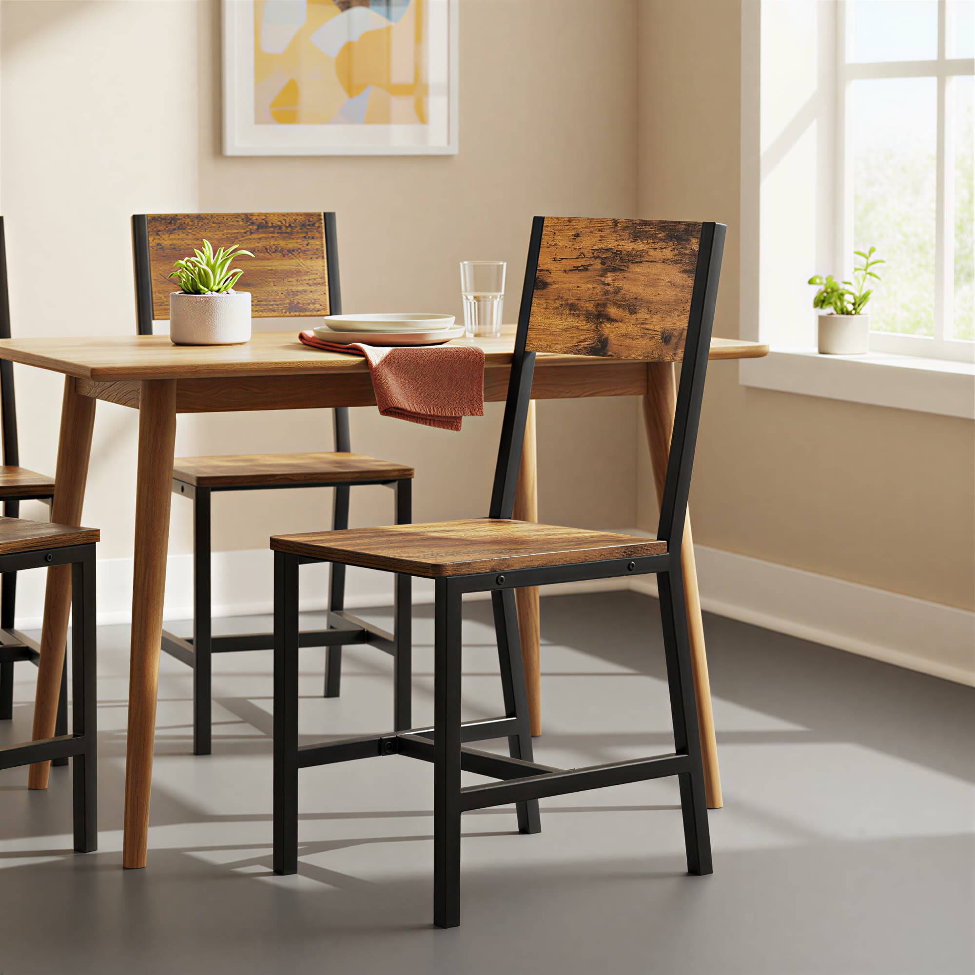 Set of 2 Rustic Brown and Black Kitchen Chairs - Steel Frame - Stylish Back Design