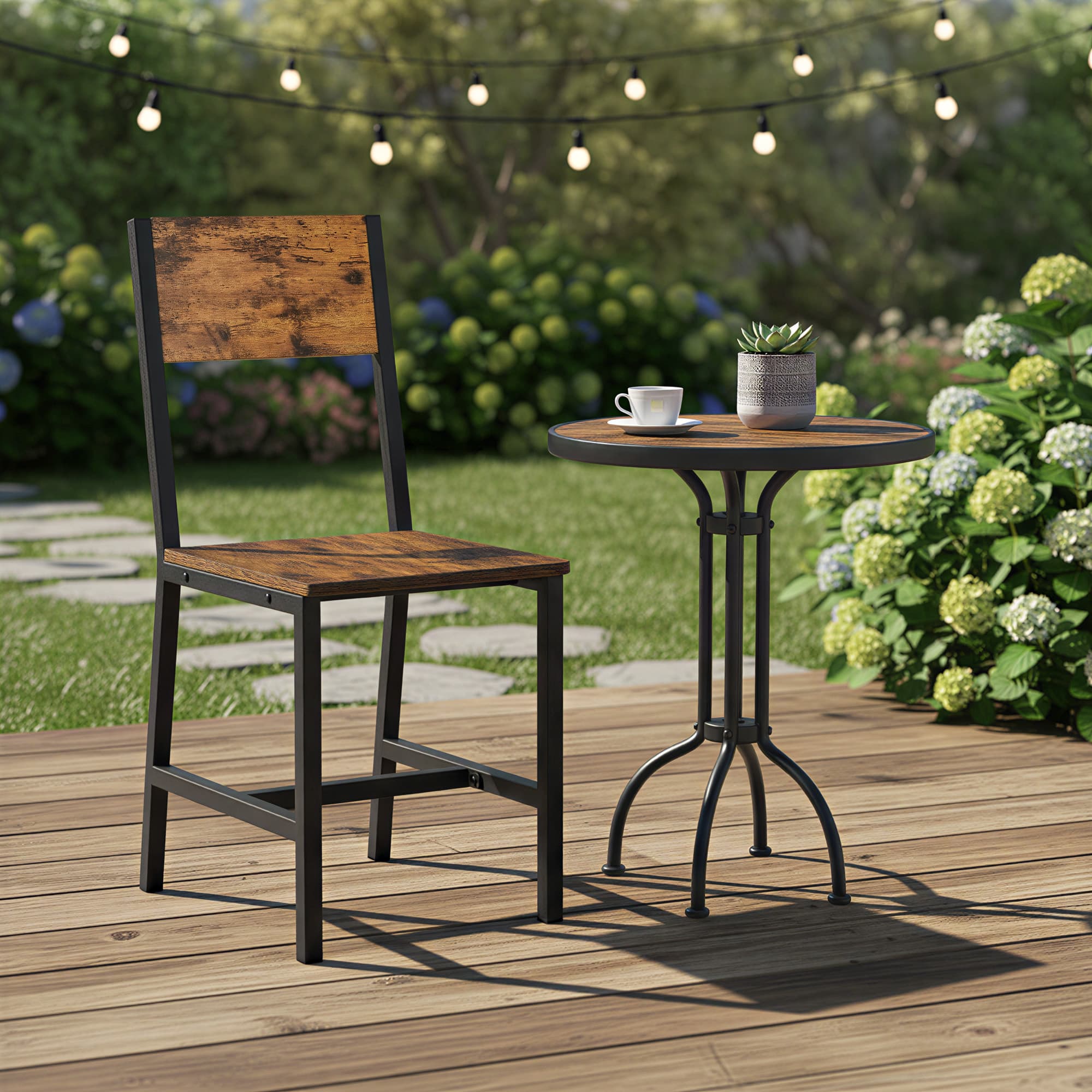 Set of 2 Rustic Brown and Black Kitchen Chairs - Steel Frame - Stylish Back Design
