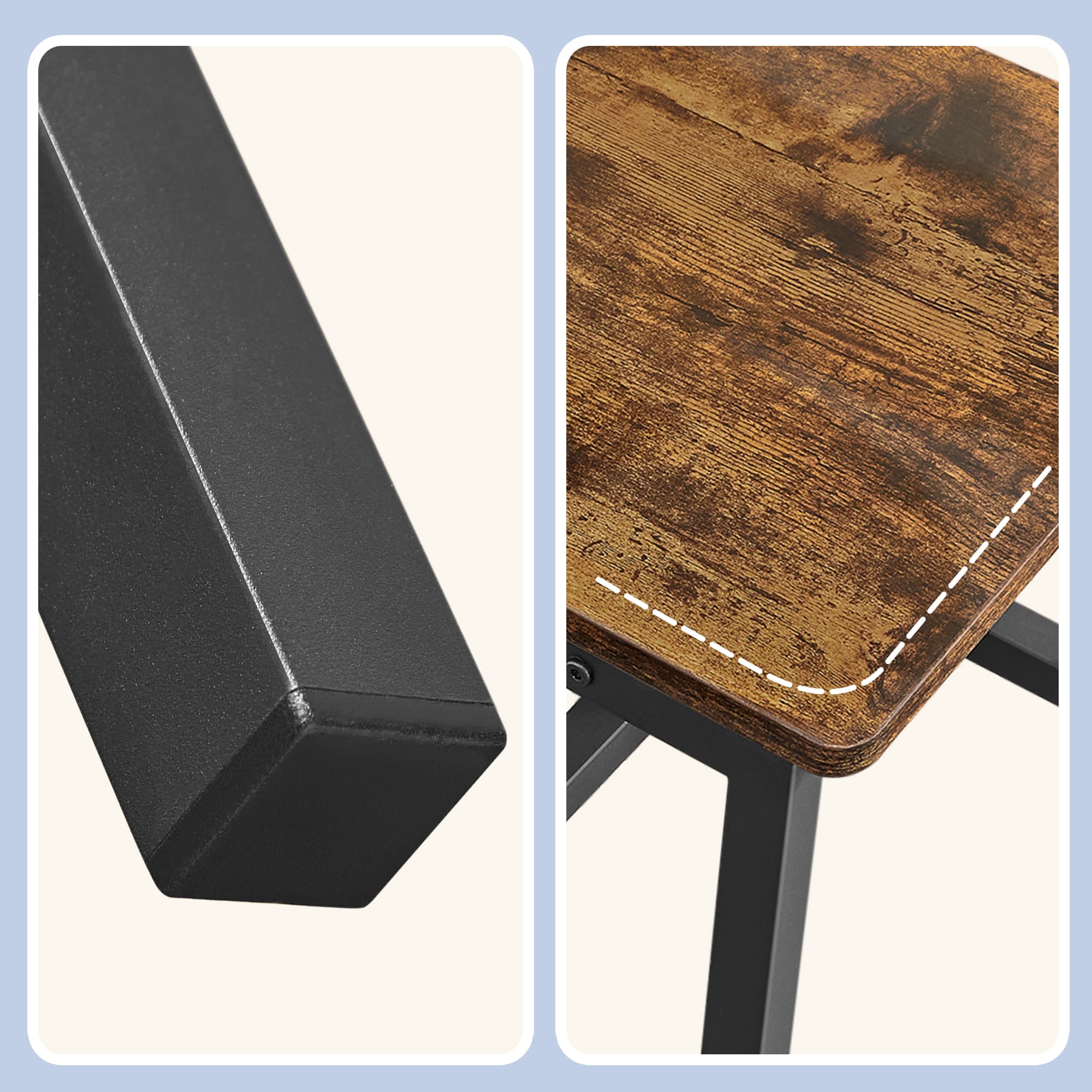 Set of 2 Rustic Brown and Black Kitchen Chairs - Steel Frame - Stylish Back Design