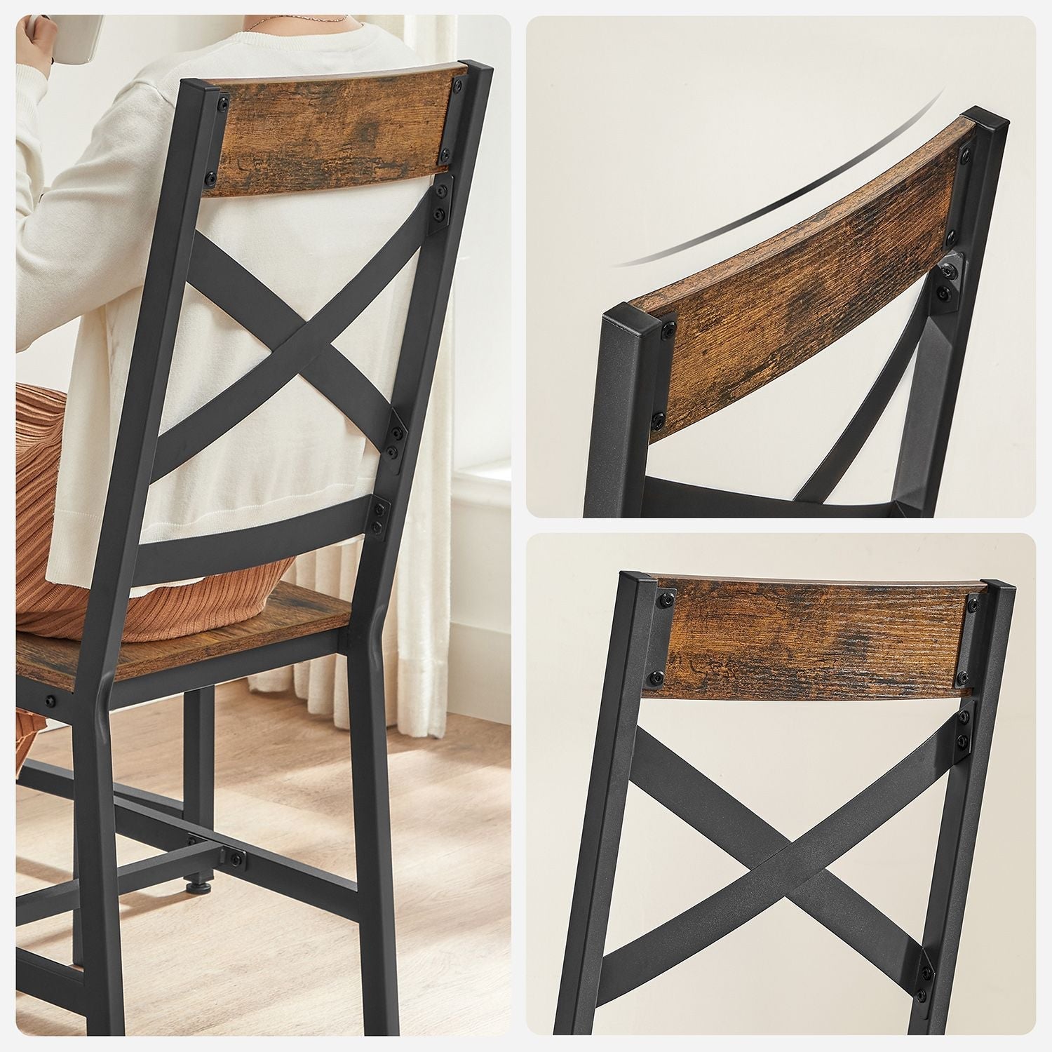 Industrial Dining Chairs - Steel Frame - Rustic Brown & Black - Ergonomic Design