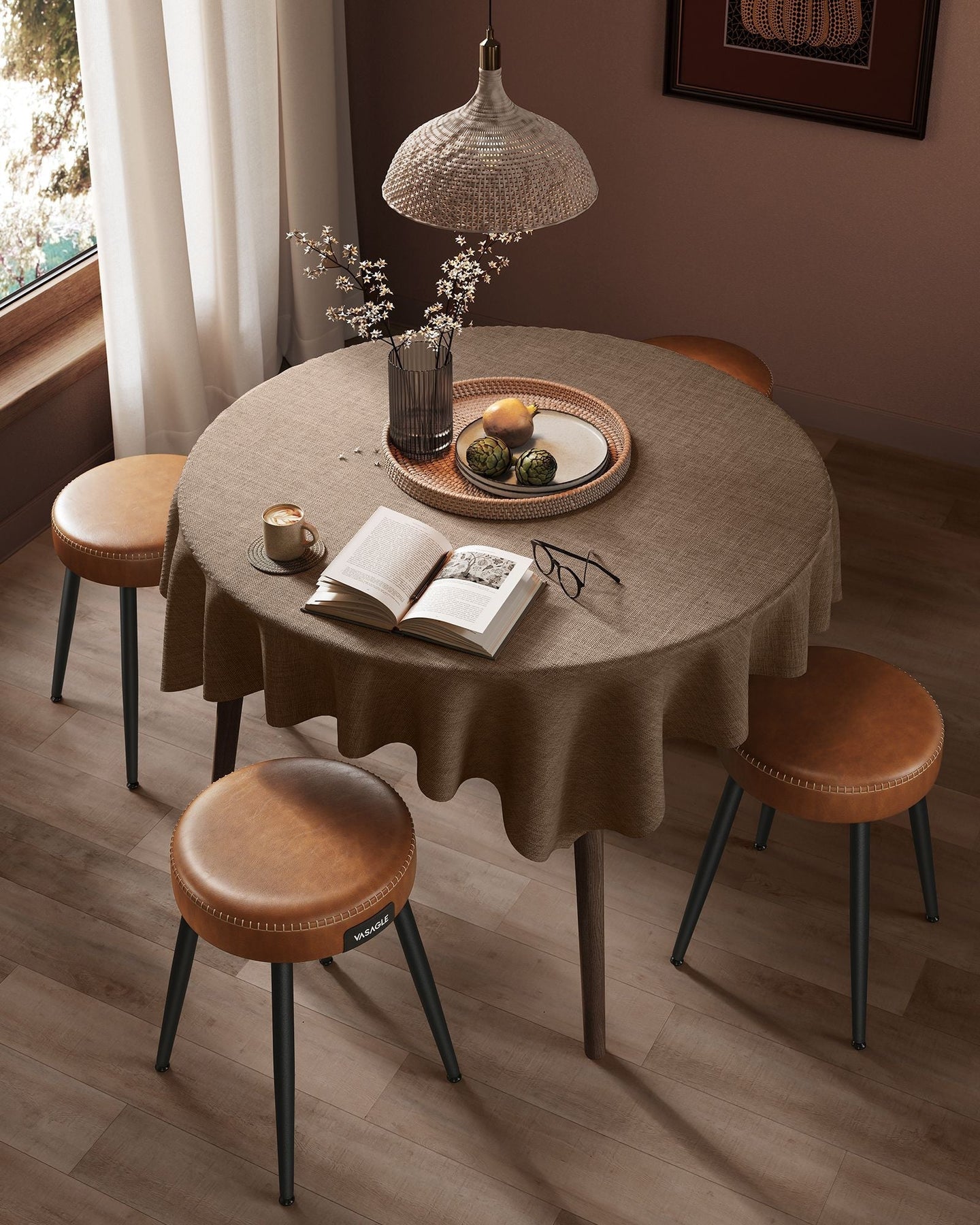 Dining Chairs Set of 2 - Synthetic Leather - Caramel Brown - Mid-Century Modern Upholstered Design