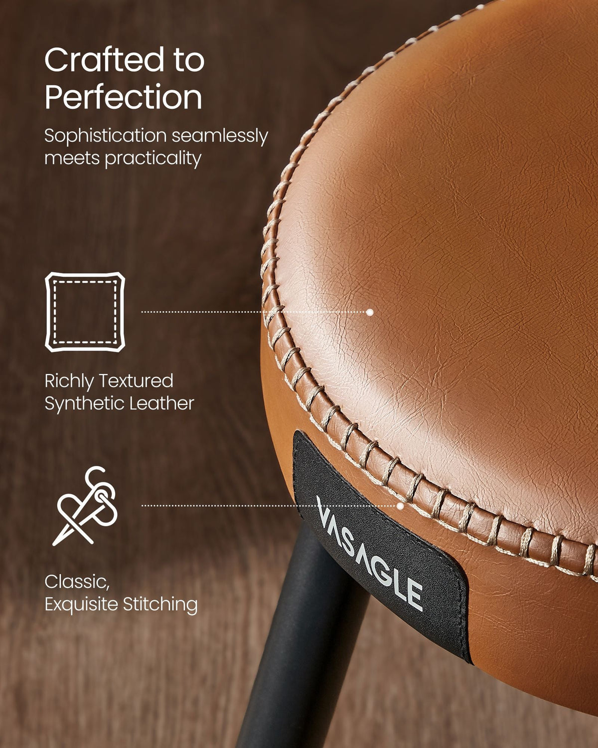 Dining Chairs Set of 2 - Synthetic Leather - Caramel Brown - Mid-Century Modern Upholstered Design