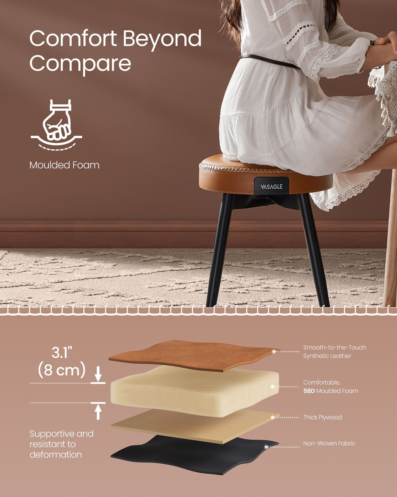 Dining Chairs Set of 2 - Synthetic Leather - Caramel Brown - Mid-Century Modern Upholstered Design