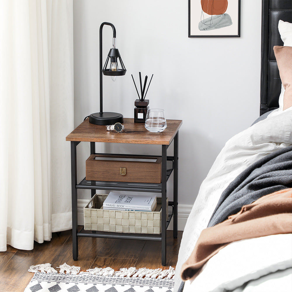 Set of 2 Nightstands - Wood - Hazelnut Brown - Adjustable Mesh Shelves