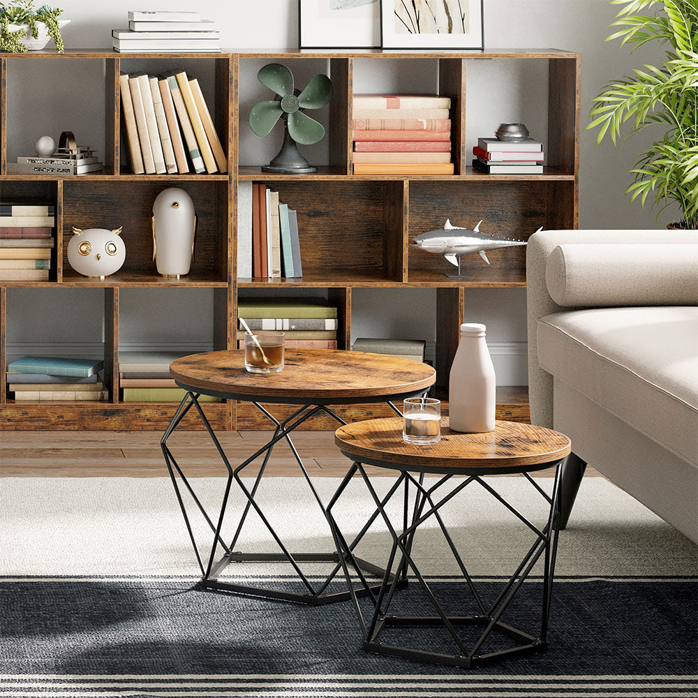 Coffee Table Set - Set of 2 Side Tables - Steel Frame - Rustic Brown and Black - Sturdy Support for Your Essentials