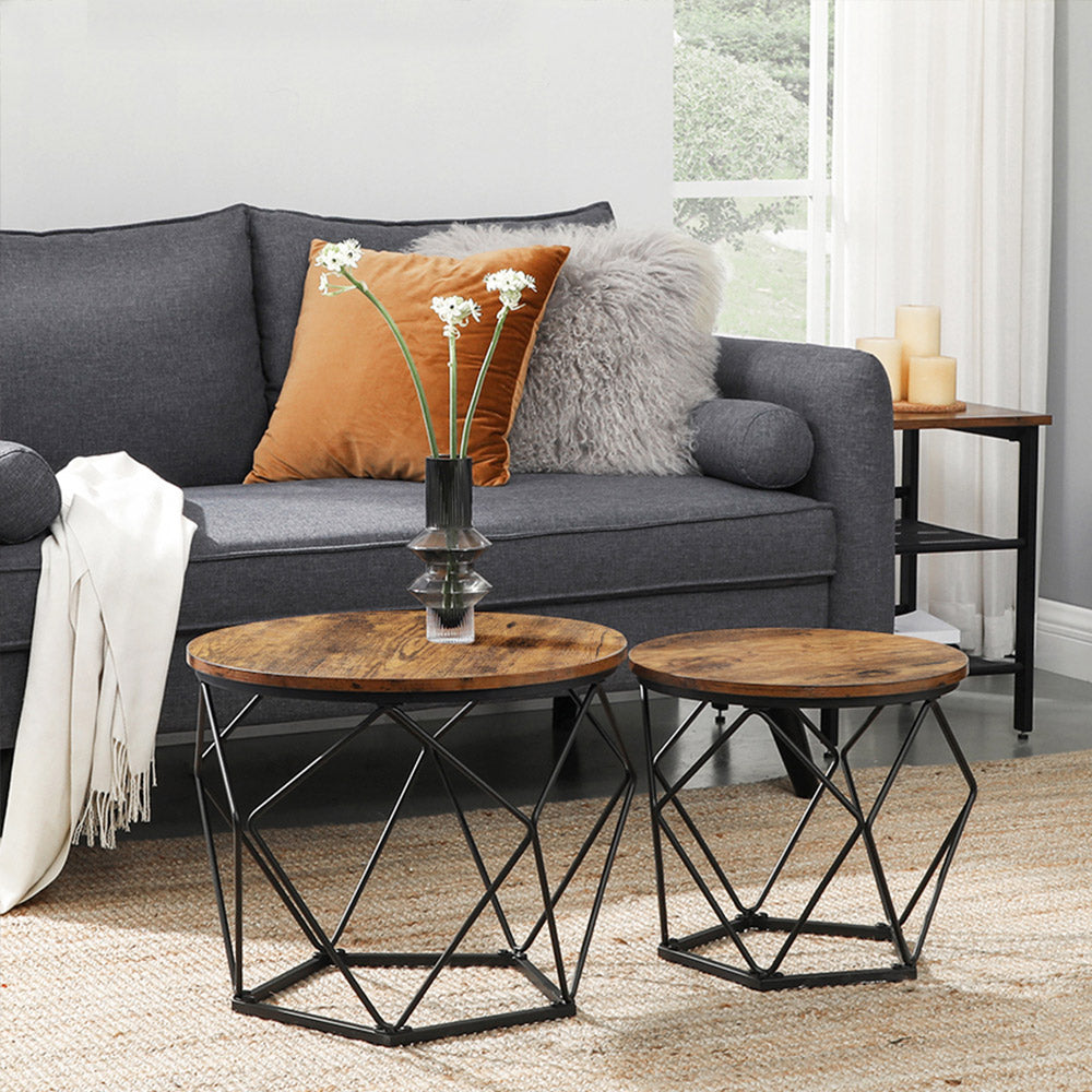 Coffee Table Set - Set of 2 Side Tables - Steel Frame - Rustic Brown and Black - Sturdy Support for Your Essentials