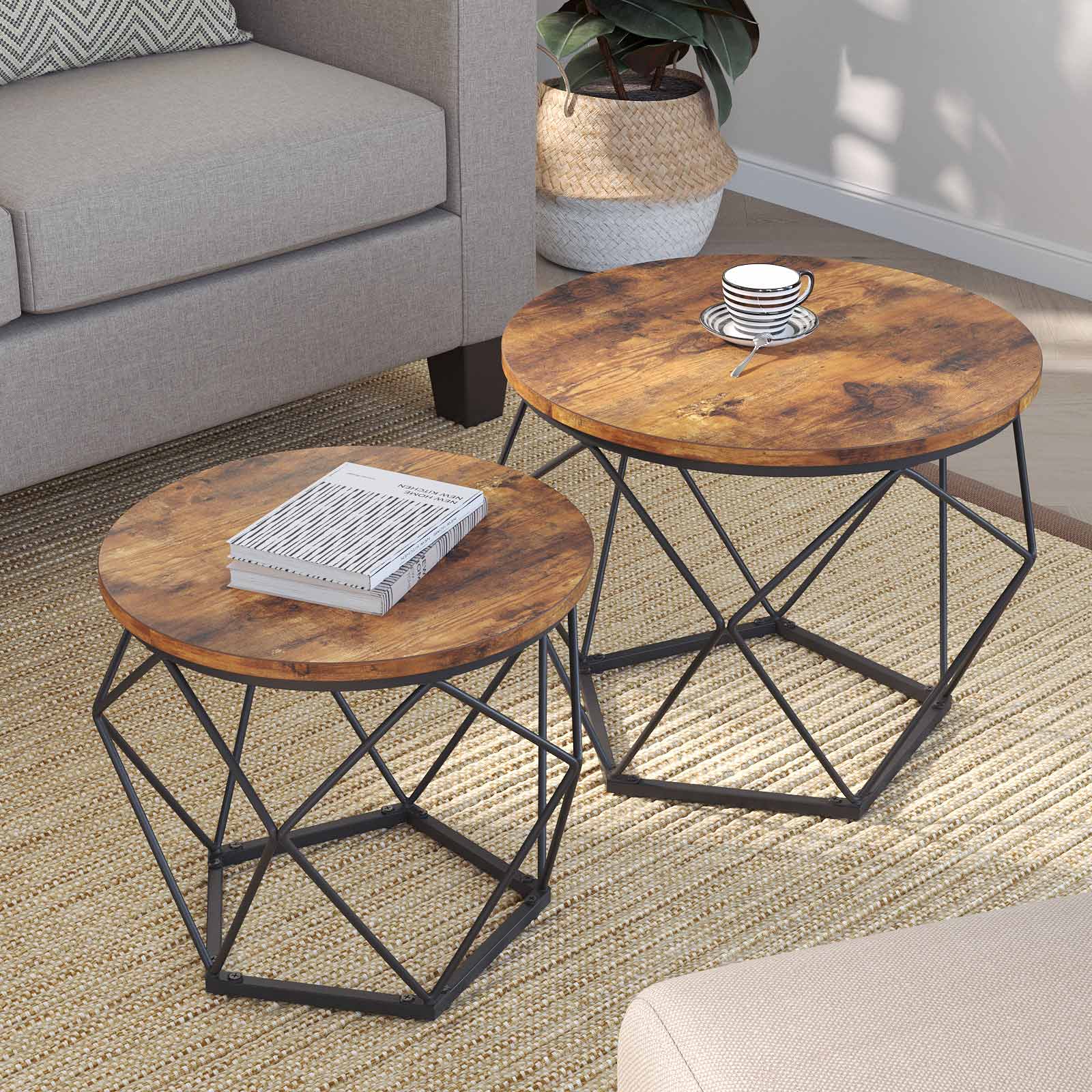 Coffee Table Set - Set of 2 Side Tables - Steel Frame - Rustic Brown and Black - Sturdy Support for Your Essentials