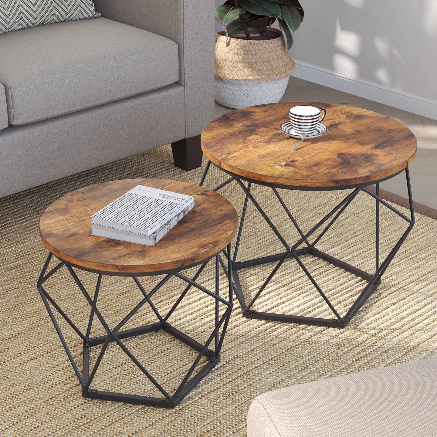 Coffee Table Set - Set of 2 Side Tables - Steel Frame - Rustic Brown and Black - Sturdy Support for Your Essentials