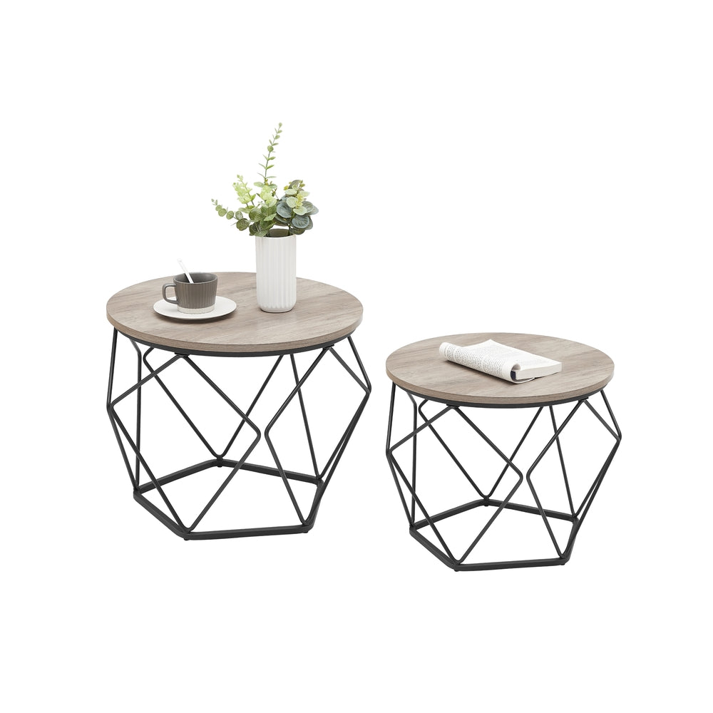 Round Coffee Table Set of 2 Grey-Beige and Black - Wood and Steel Frame - Greige