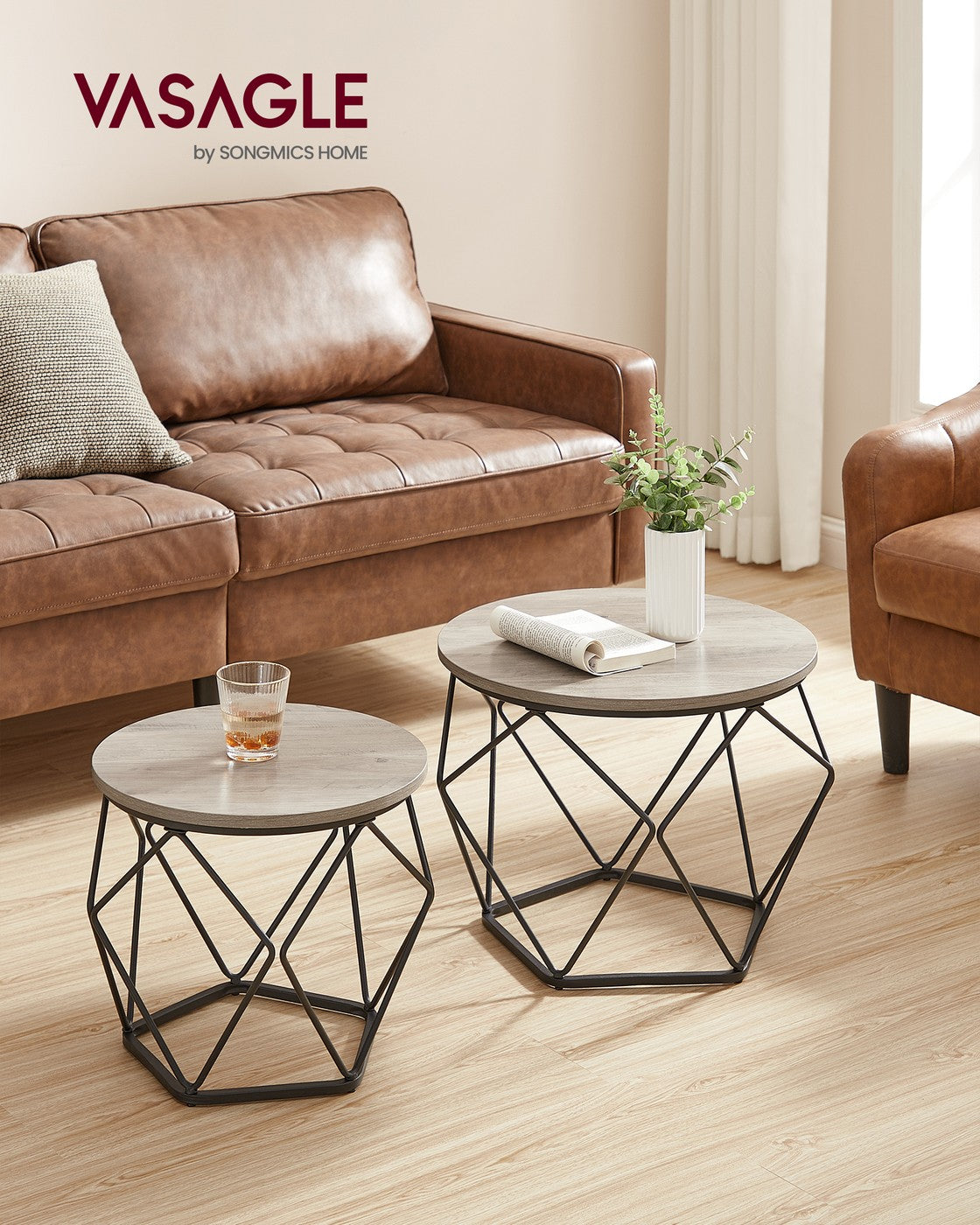 Round Coffee Table Set of 2 Grey-Beige and Black - Wood and Steel Frame - Greige