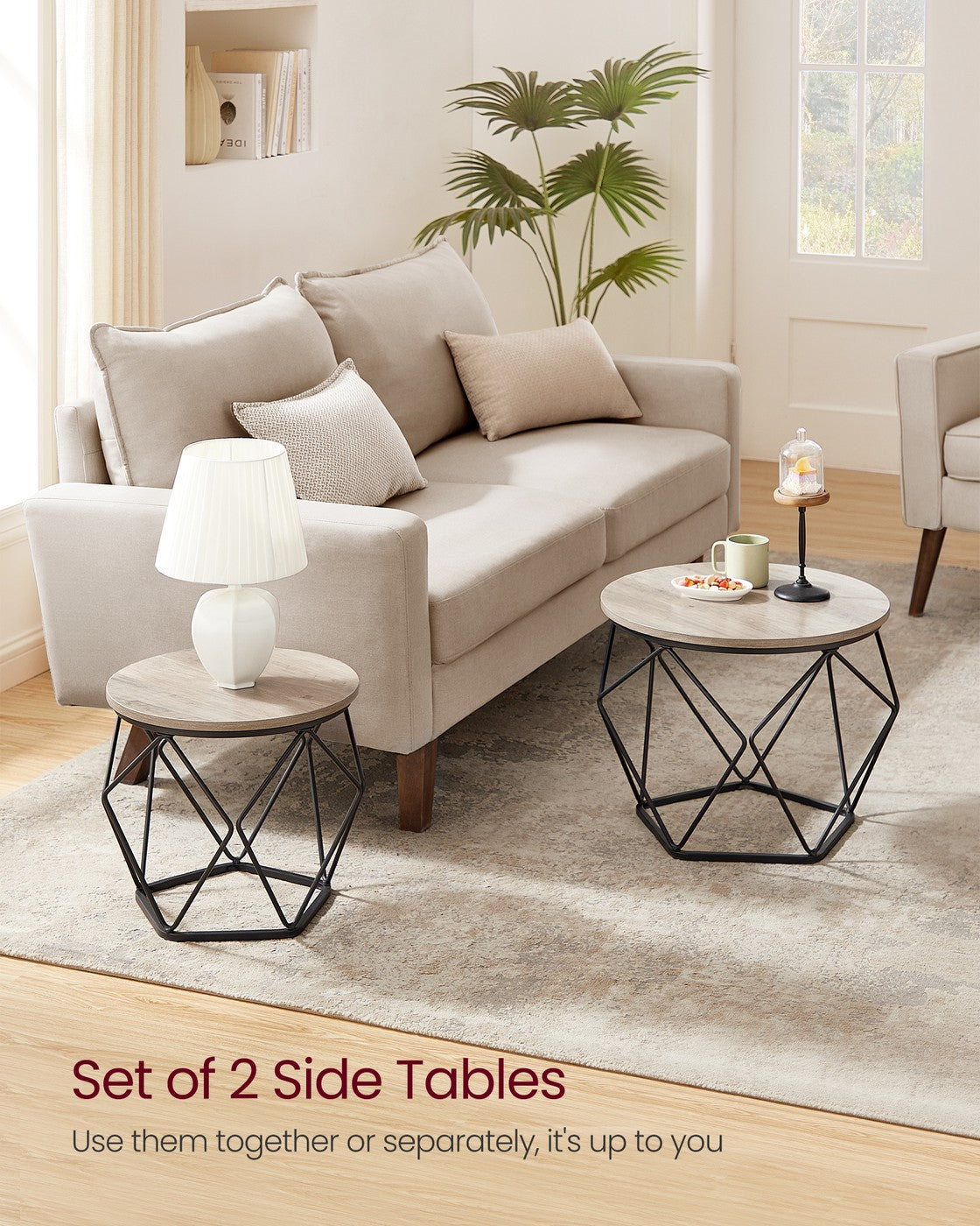 Round Coffee Table Set of 2 Grey-Beige and Black - Wood and Steel Frame - Greige