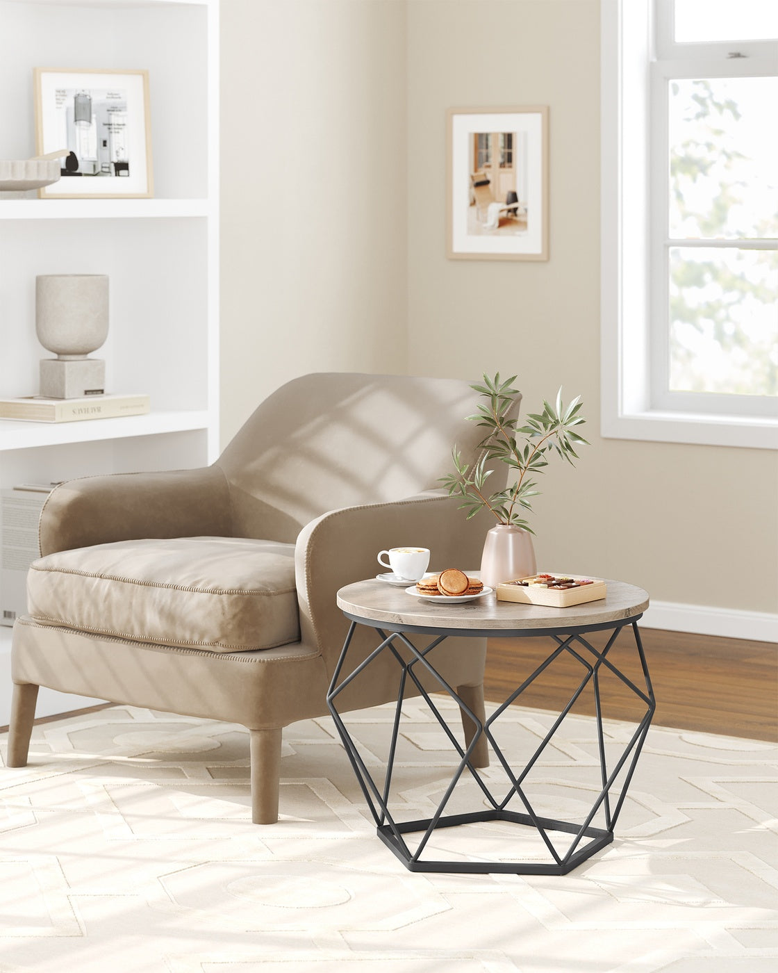 Round Coffee Table Set of 2 Grey-Beige and Black - Wood and Steel Frame - Greige