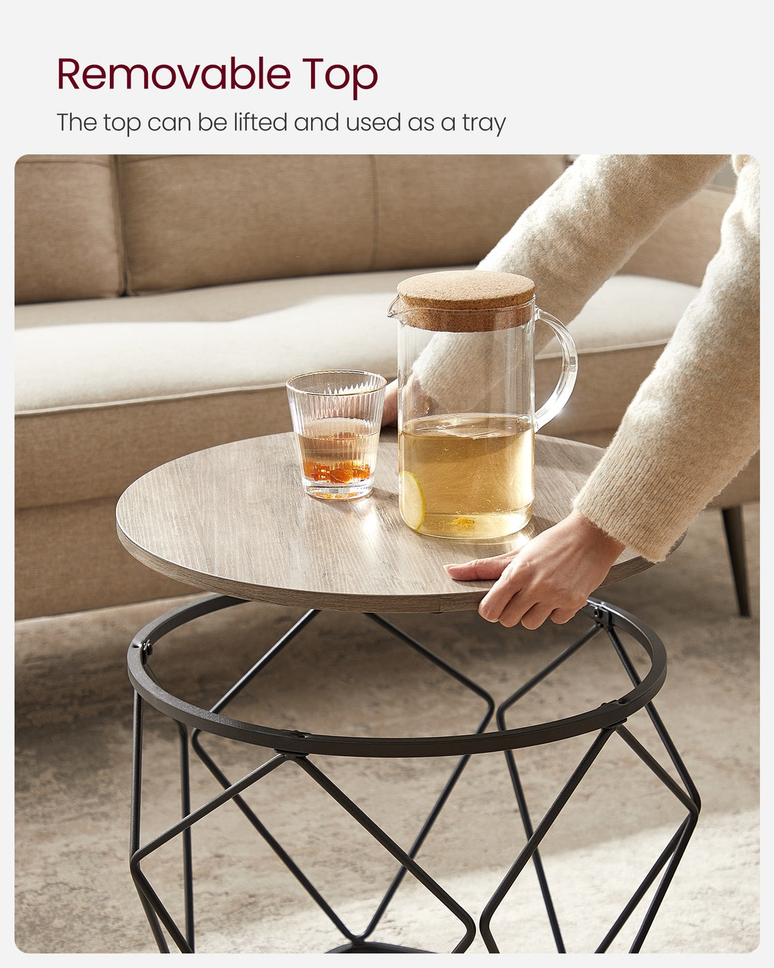 Round Coffee Table Set of 2 Grey-Beige and Black - Wood and Steel Frame - Greige