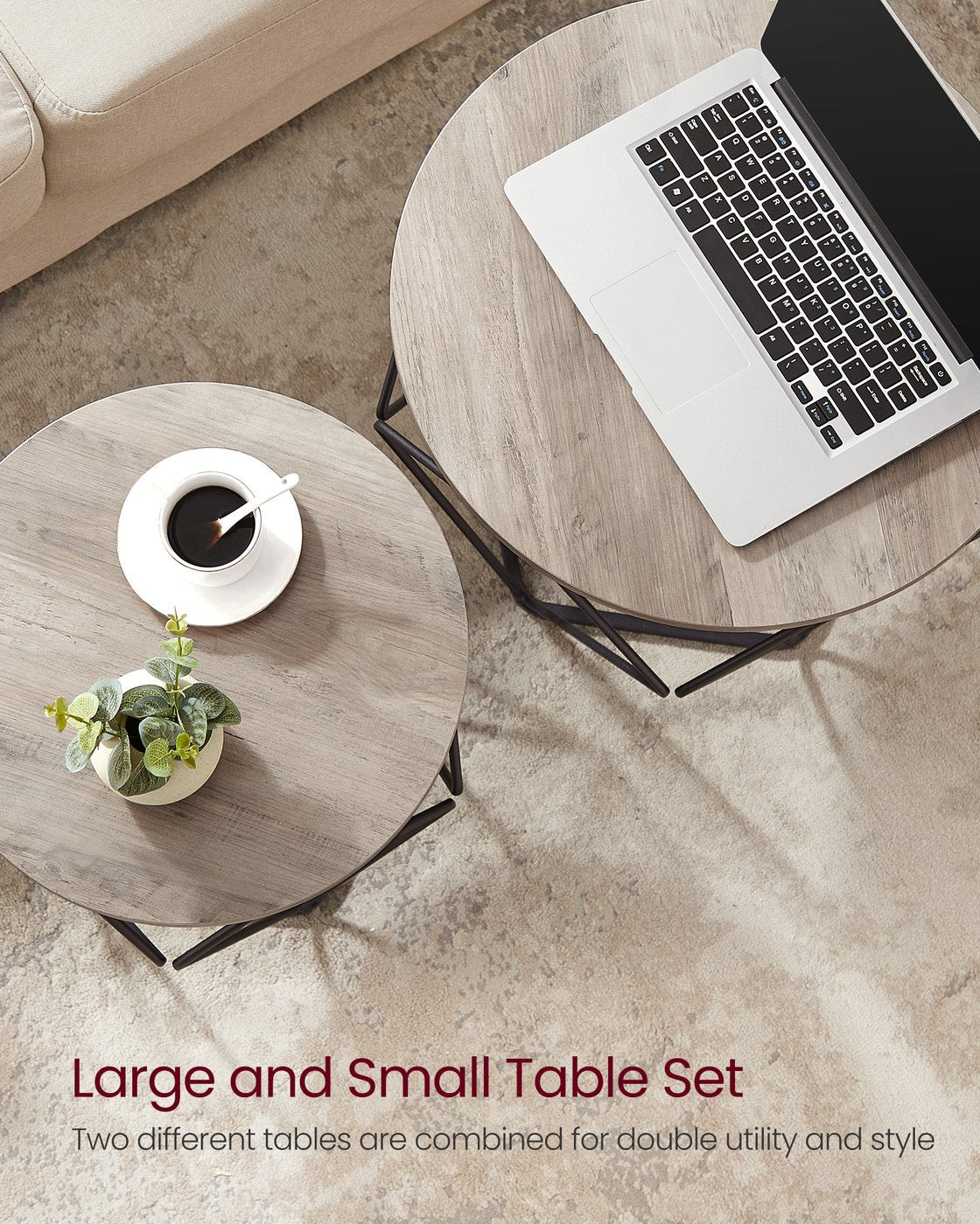 Round Coffee Table Set of 2 Grey-Beige and Black - Wood and Steel Frame - Greige