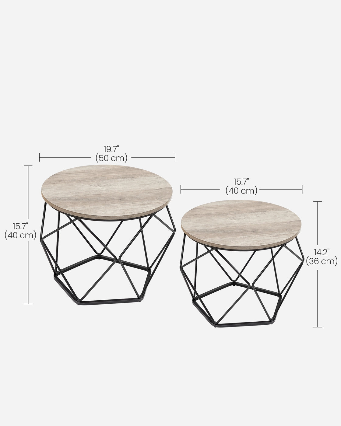 Round Coffee Table Set of 2 Grey-Beige and Black - Wood and Steel Frame - Greige