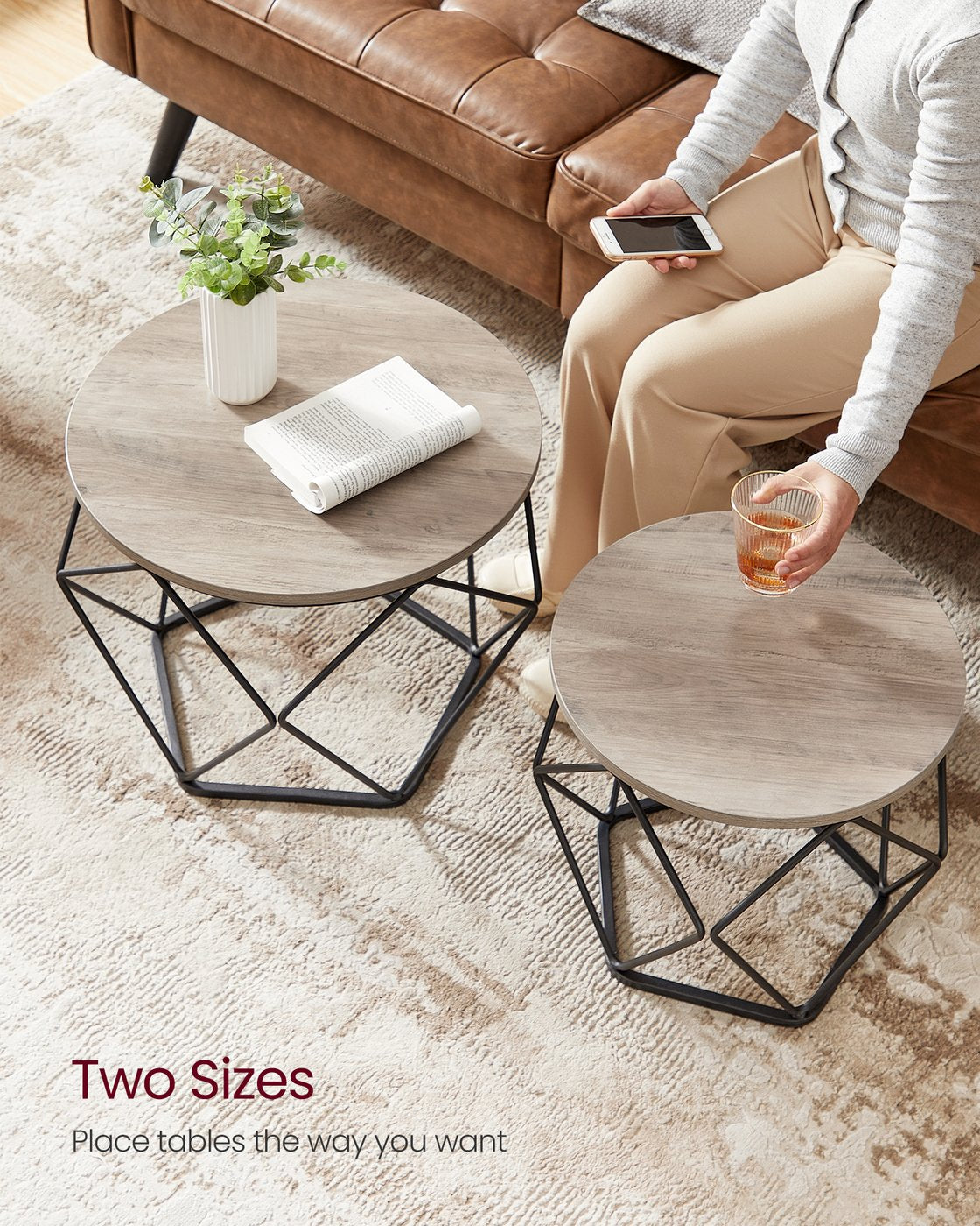 Round Coffee Table Set of 2 Grey-Beige and Black - Wood and Steel Frame - Greige