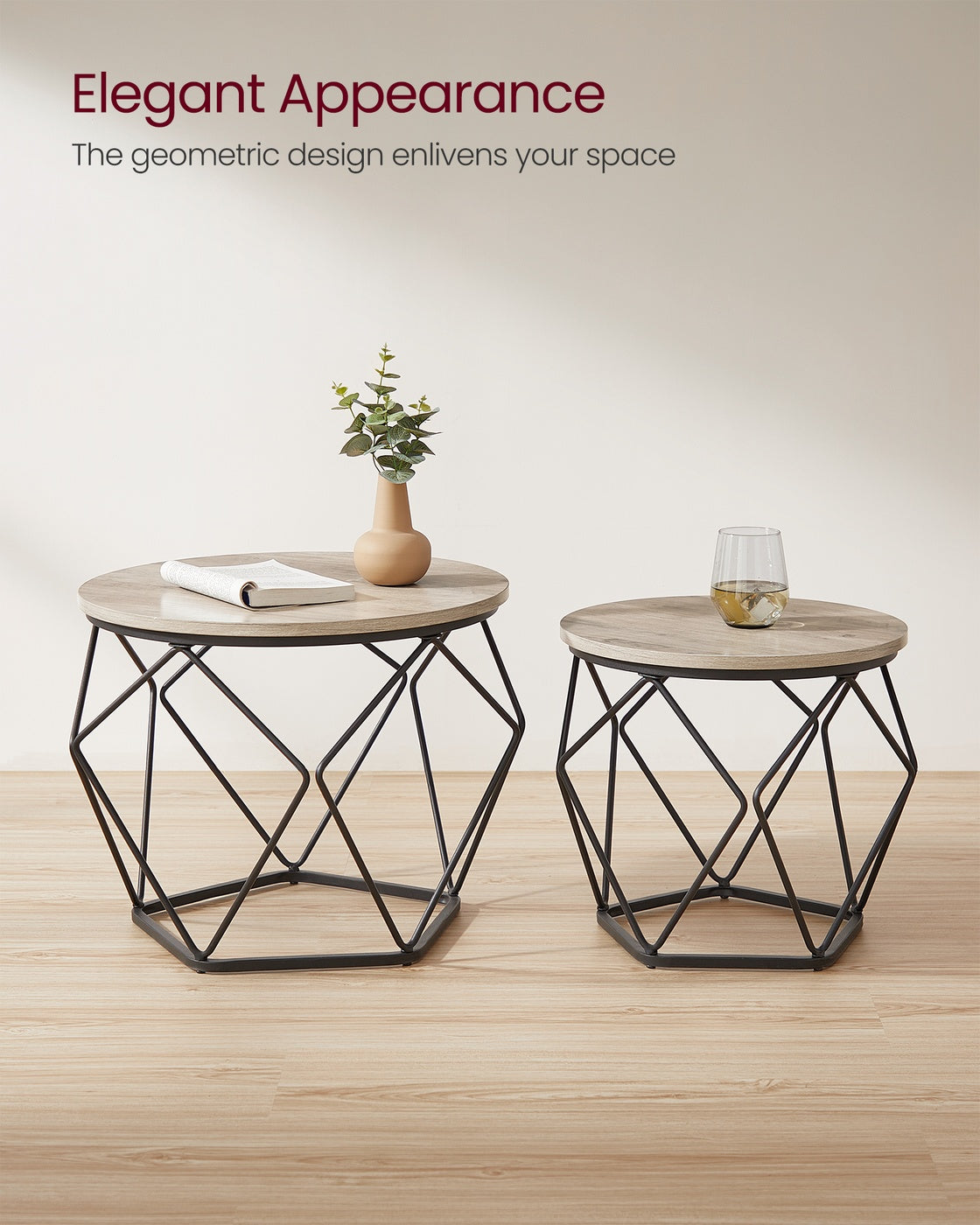 Round Coffee Table Set of 2 Grey-Beige and Black - Wood and Steel Frame - Greige