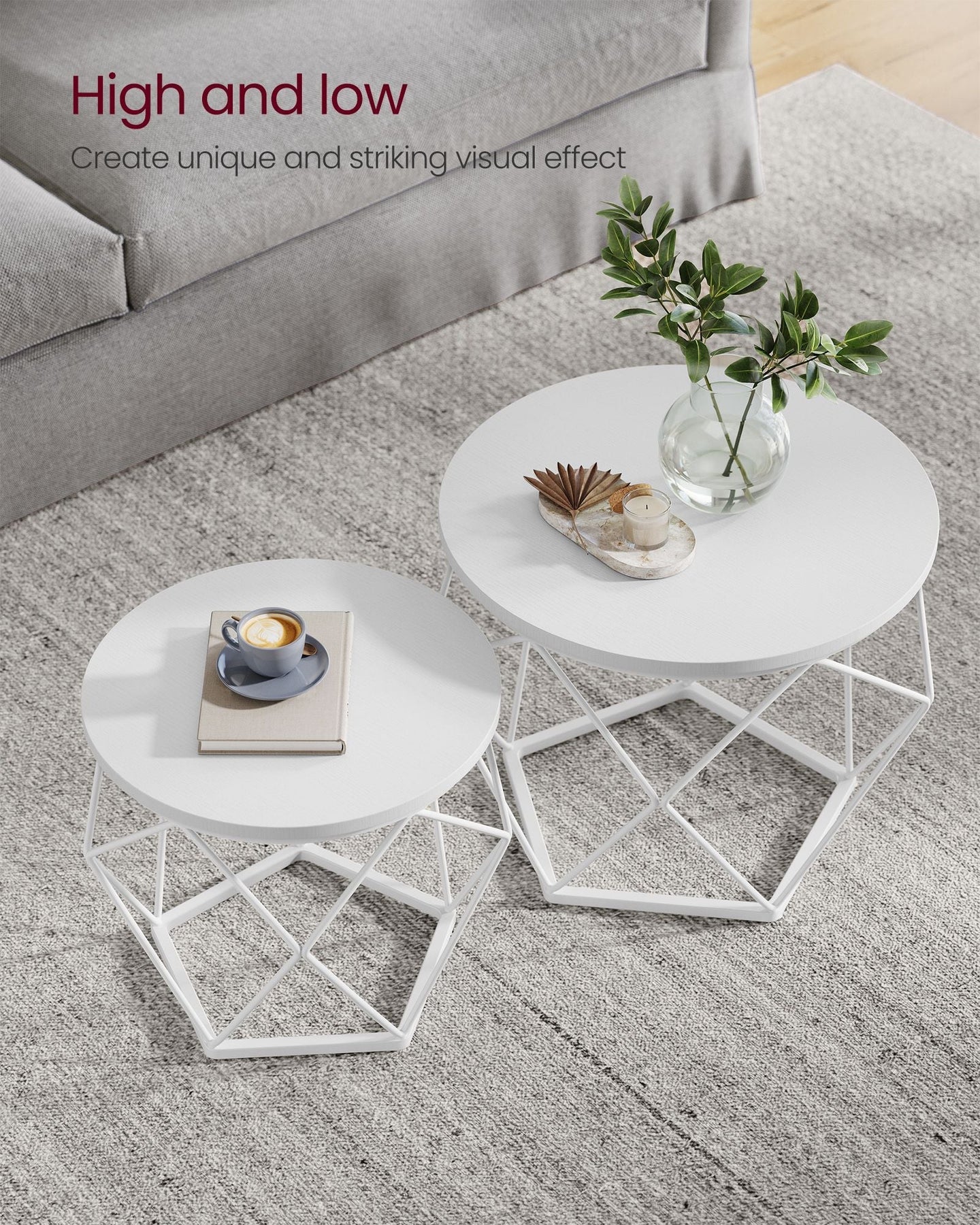 Set of 2 Round Coffee Tables - Steel - Snow White - Robust Design for Living Room and Bedroom