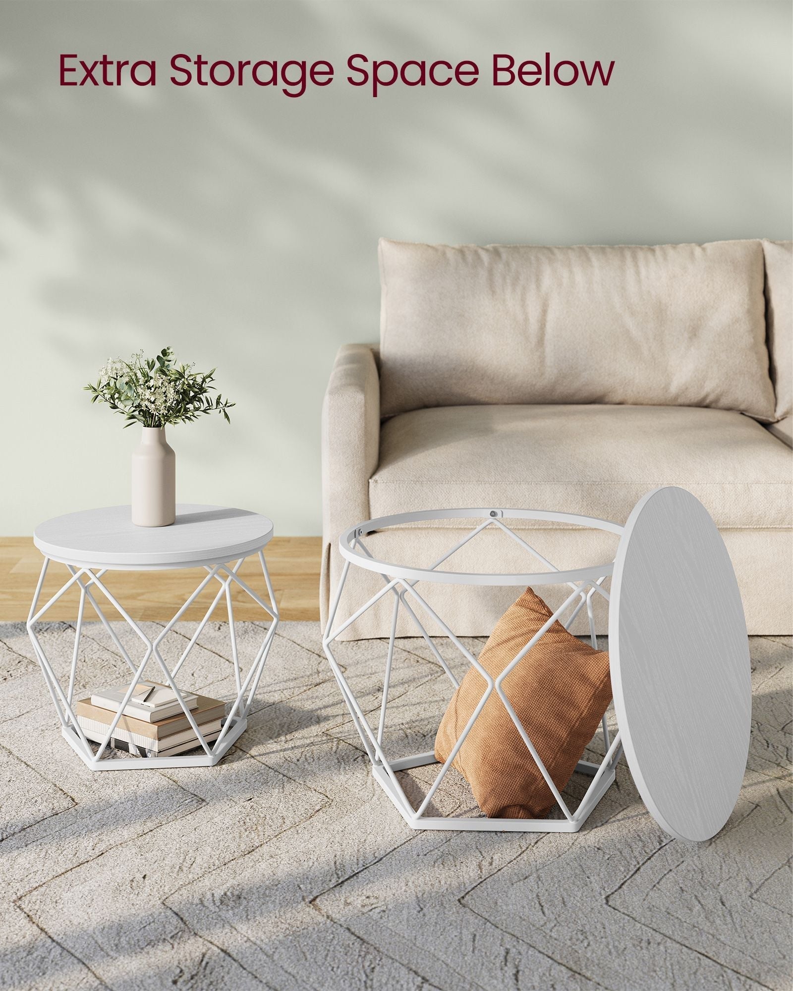 Set of 2 Round Coffee Tables - Steel - Snow White - Robust Design for Living Room and Bedroom