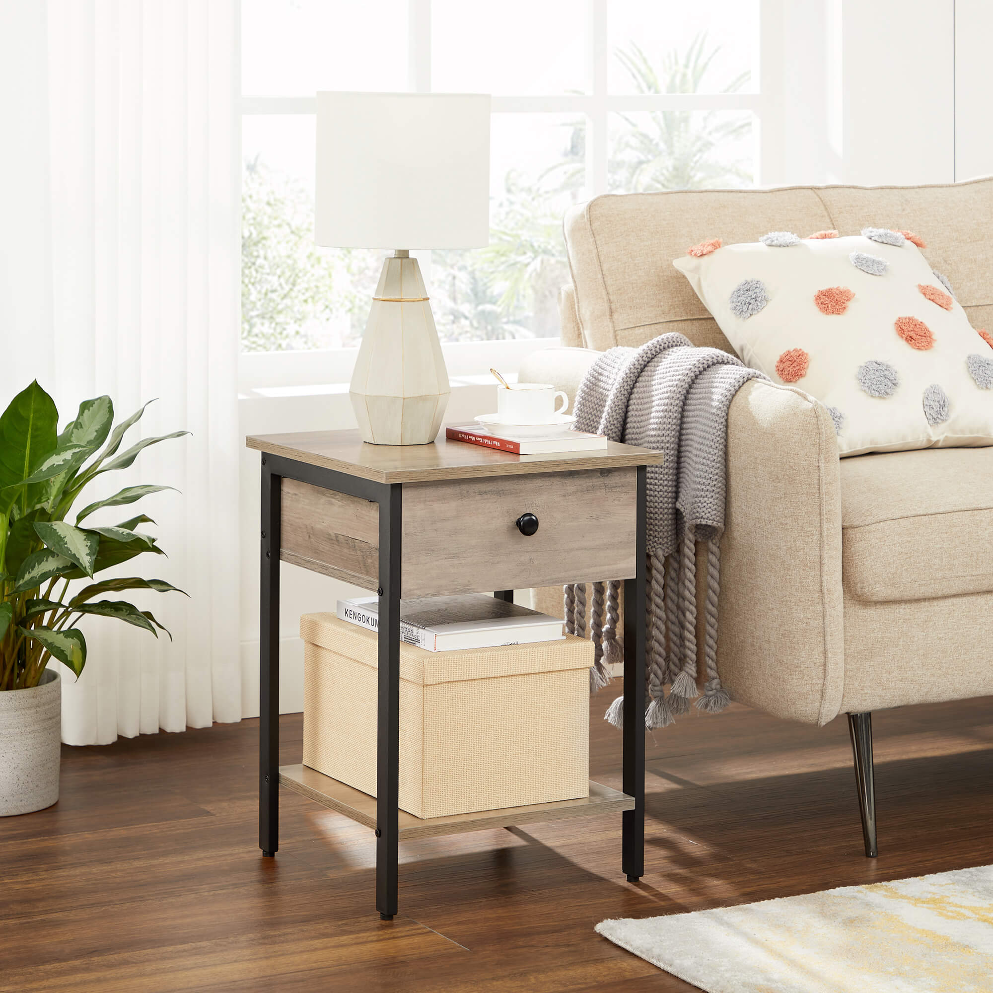 Nightstand - Steel Frame - Hazelnut Brown and Black - With Drawer and Shelf