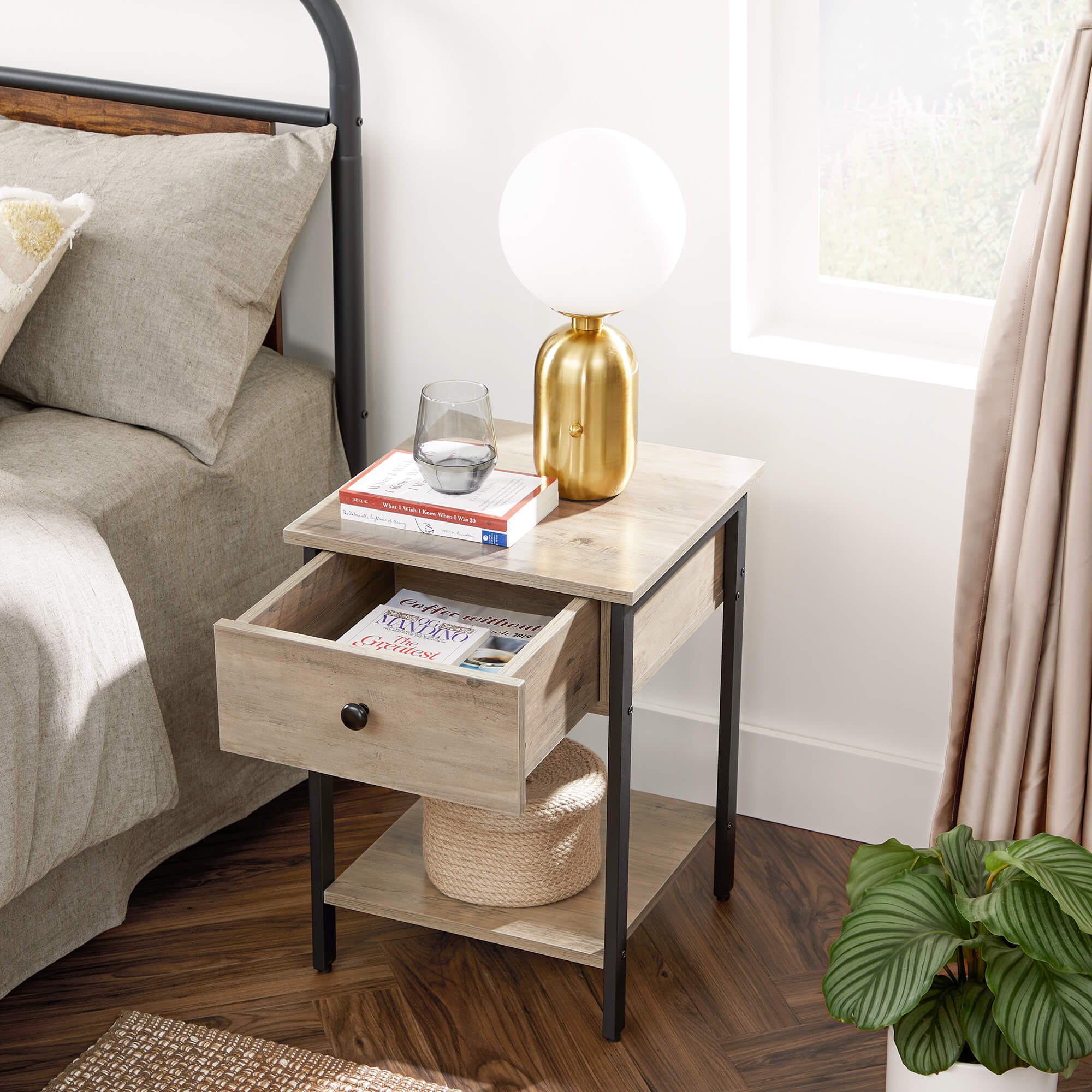 Nightstand - Steel Frame - Hazelnut Brown and Black - With Drawer and Shelf