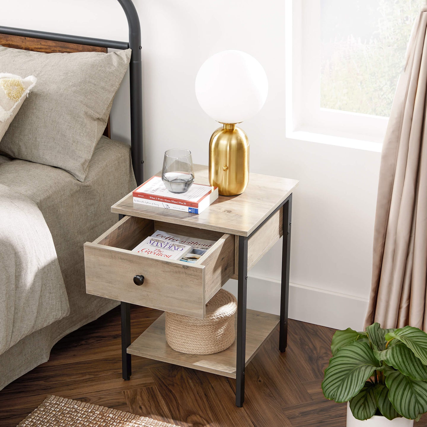 Nightstand - Steel Frame - Hazelnut Brown and Black - With Drawer and Shelf