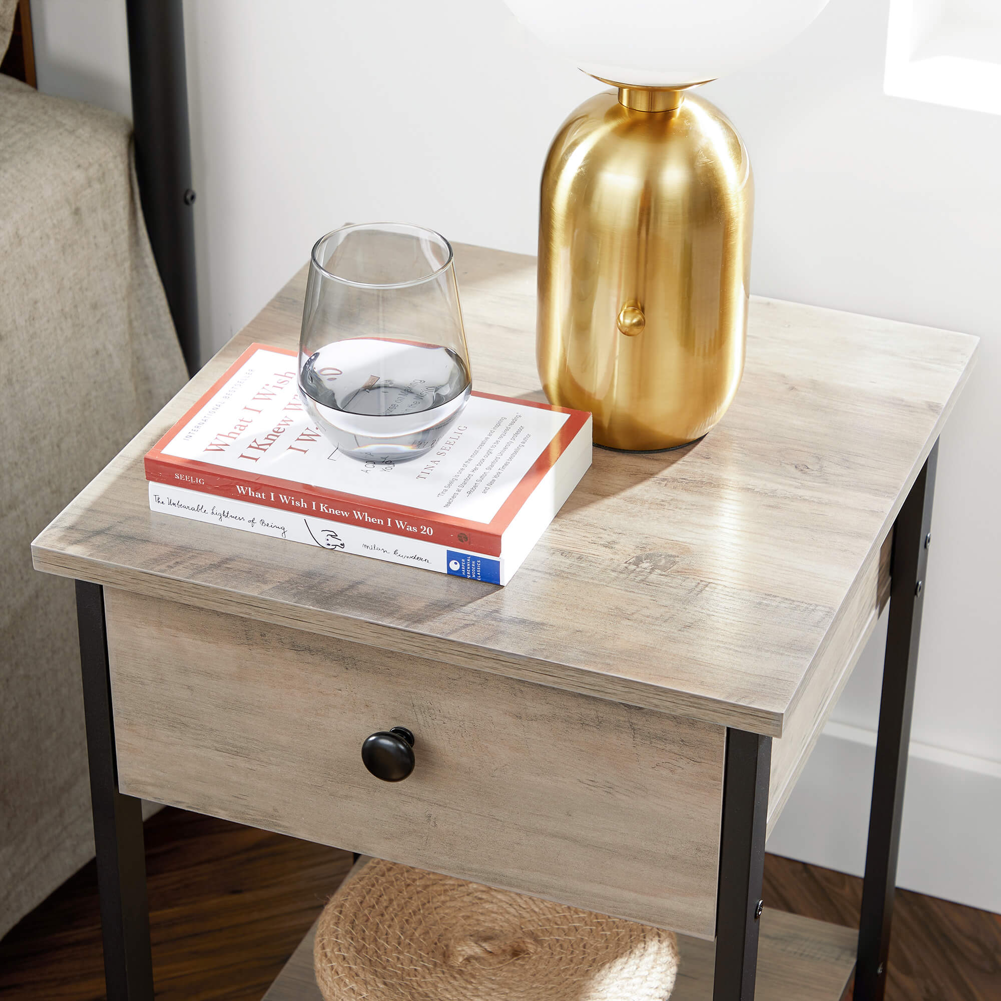 Nightstand - Steel Frame - Hazelnut Brown and Black - With Drawer and Shelf