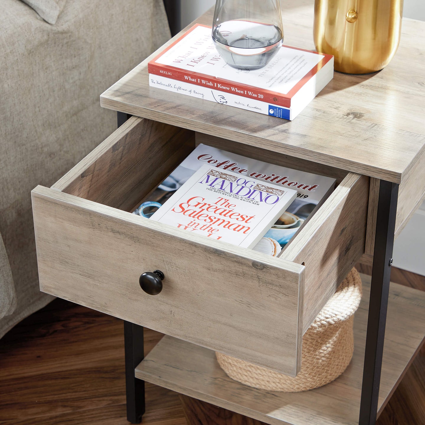 Nightstand - Steel Frame - Hazelnut Brown and Black - With Drawer and Shelf