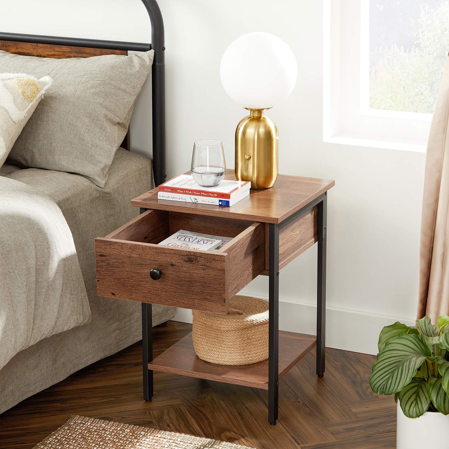 Nightstand - Steel Frame - Hazelnut Brown and Black - With Drawer and Shelf