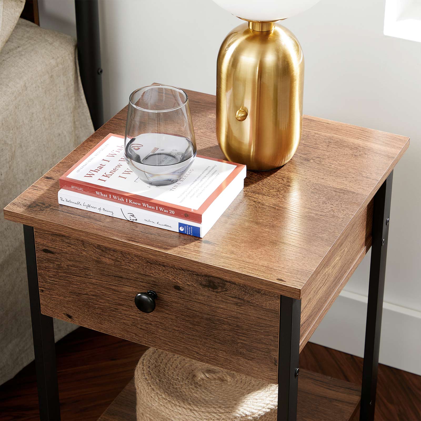 Nightstand - Steel Frame - Hazelnut Brown and Black - With Drawer and Shelf