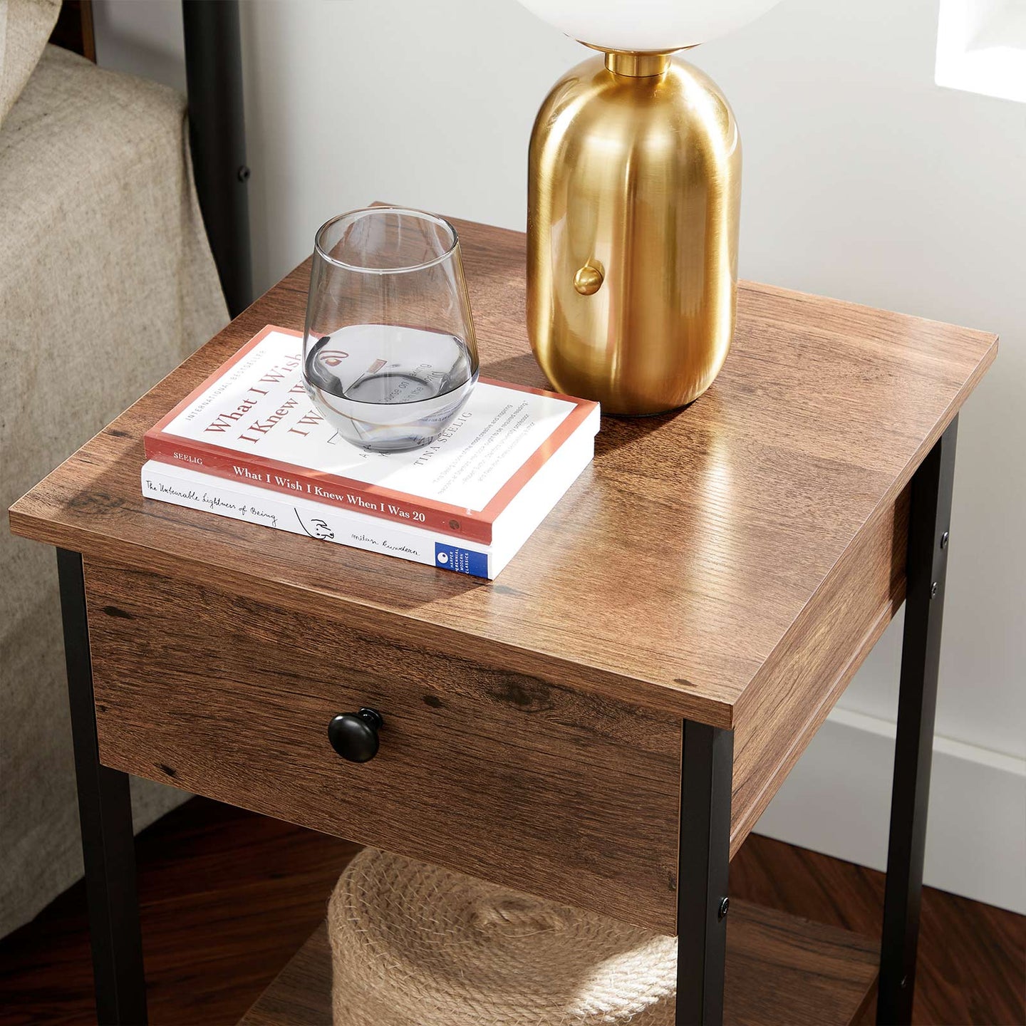 Nightstand - Steel Frame - Hazelnut Brown and Black - With Drawer and Shelf