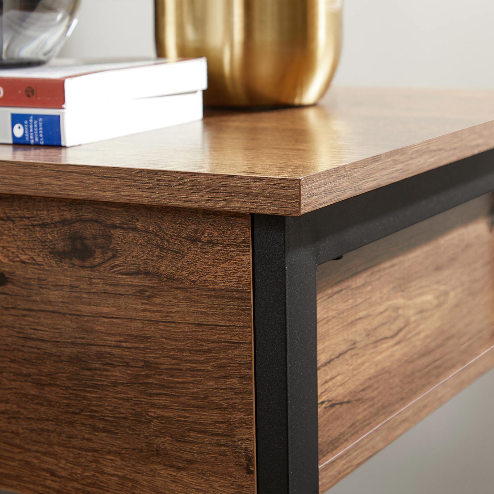 Nightstand - Steel Frame - Hazelnut Brown and Black - With Drawer and Shelf