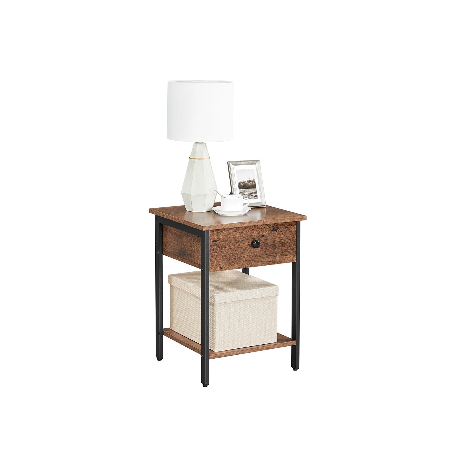 Nightstand - Steel Frame - Hazelnut Brown and Black - With Drawer and Shelf
