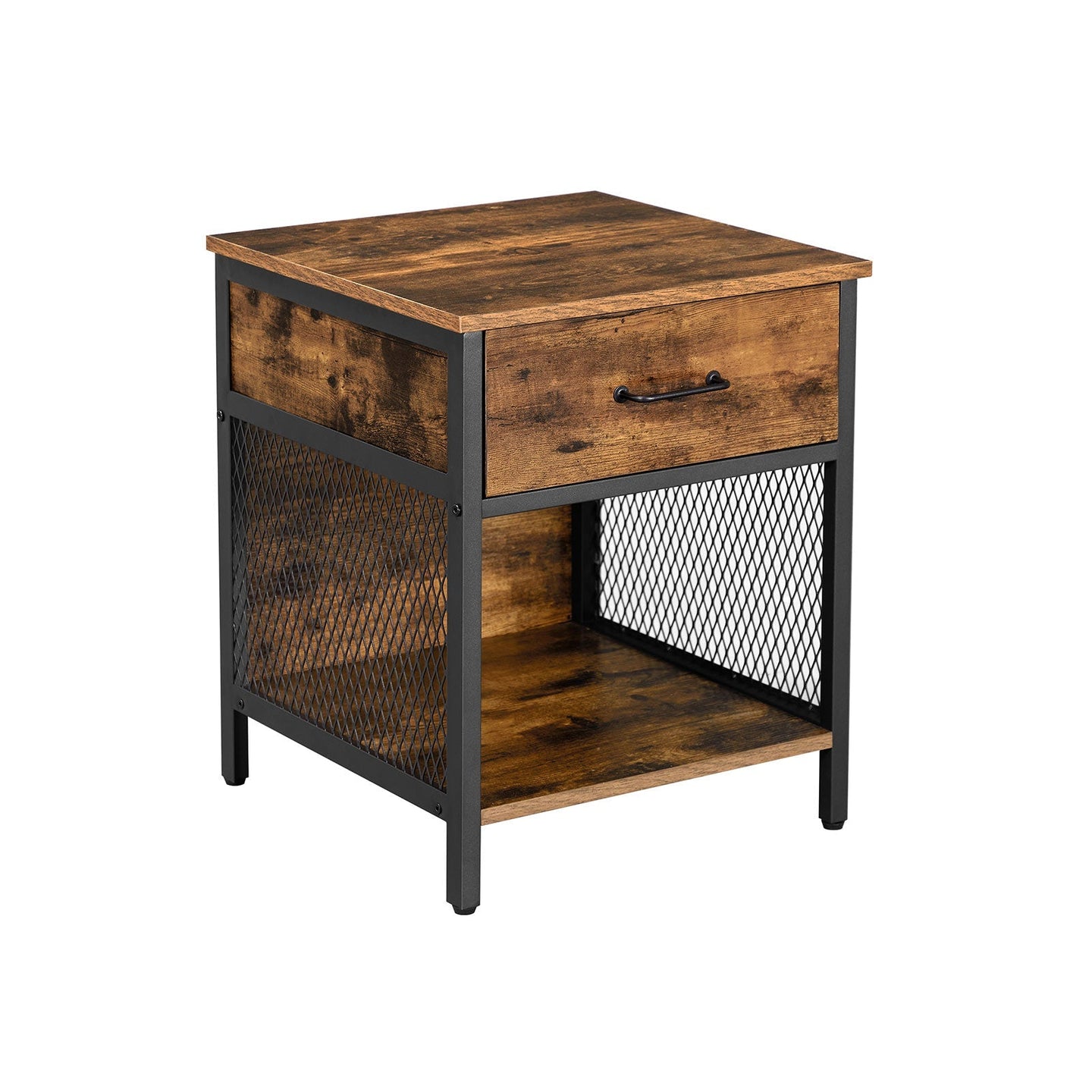 Nightstand - Steel - Rustic Brown and Black - 1 Drawer and Open Compartment
