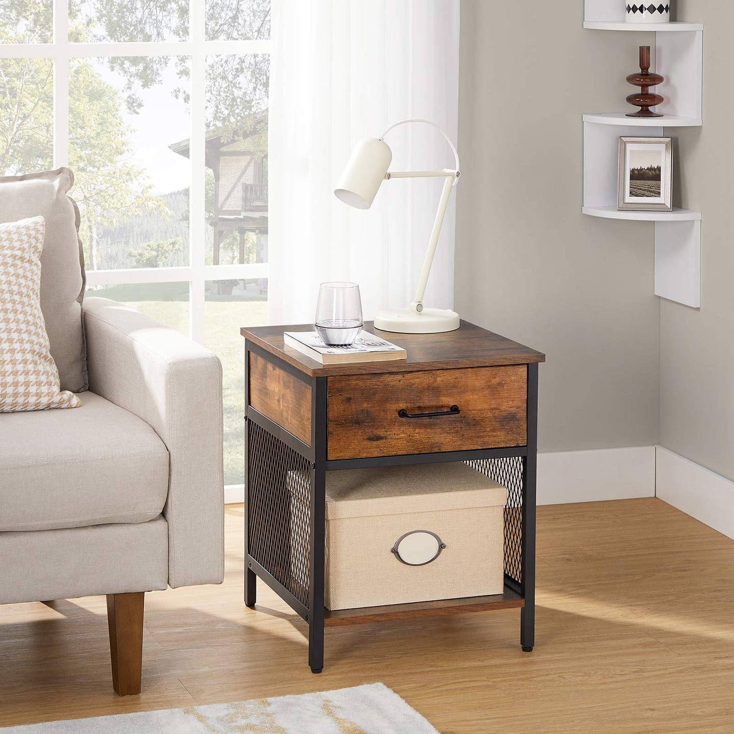 Nightstand - Steel - Rustic Brown and Black - 1 Drawer and Open Compartment