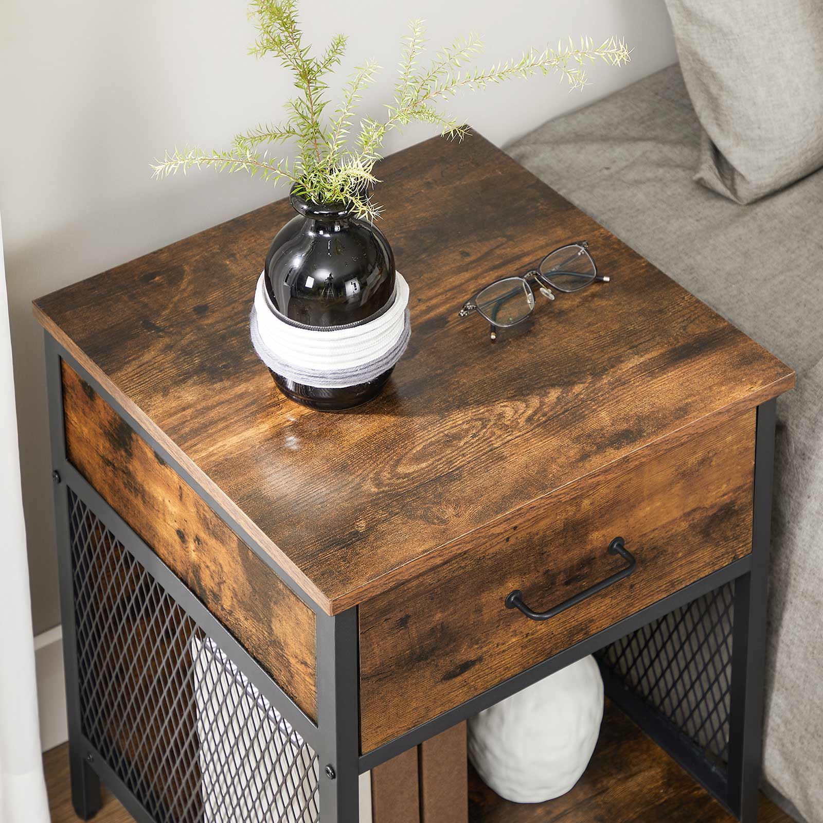 Nightstand - Steel - Rustic Brown and Black - 1 Drawer and Open Compartment