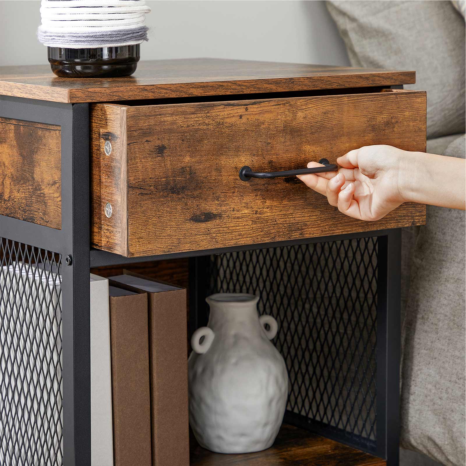 Nightstand - Steel - Rustic Brown and Black - 1 Drawer and Open Compartment