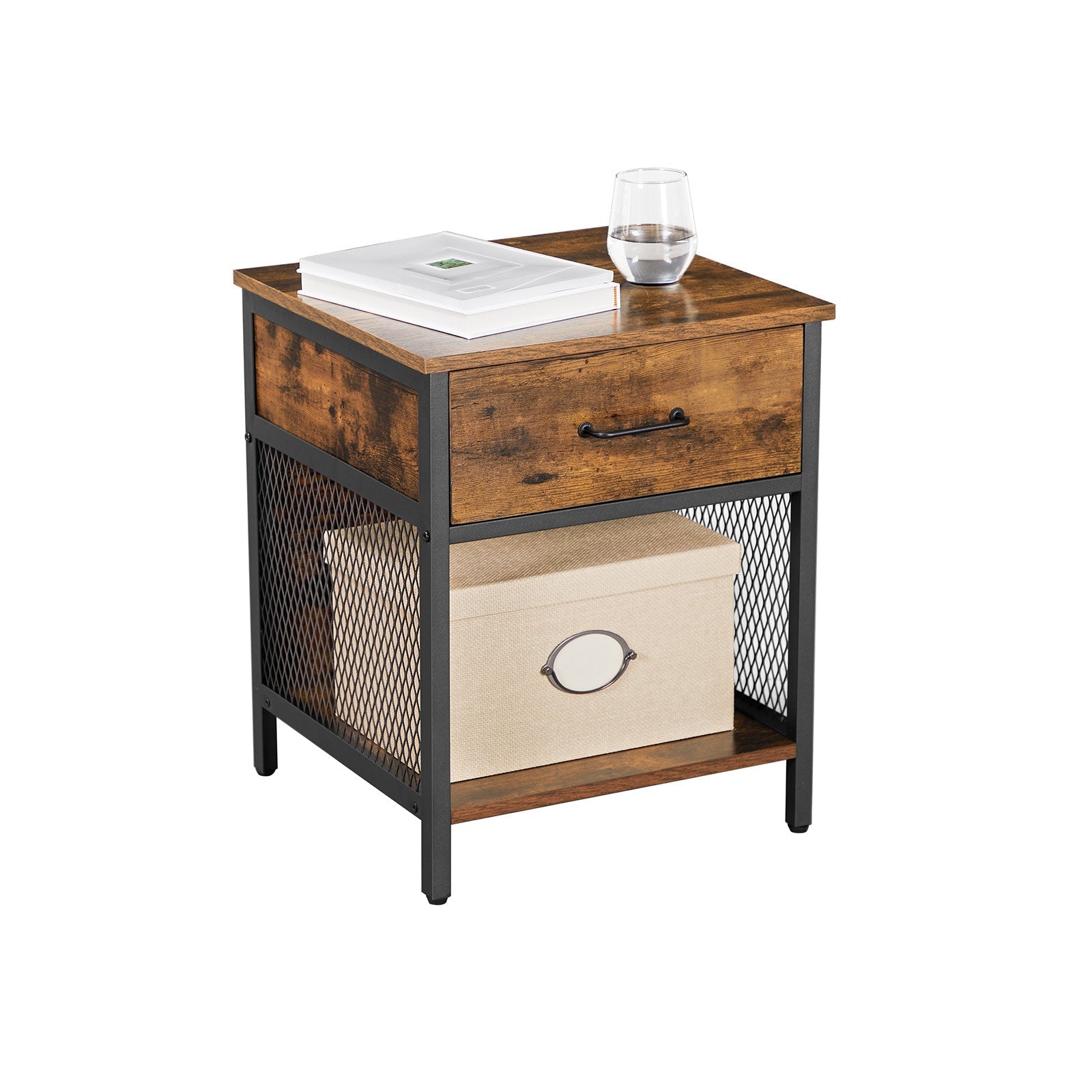 Nightstand - Steel - Rustic Brown and Black - 1 Drawer and Open Compartment