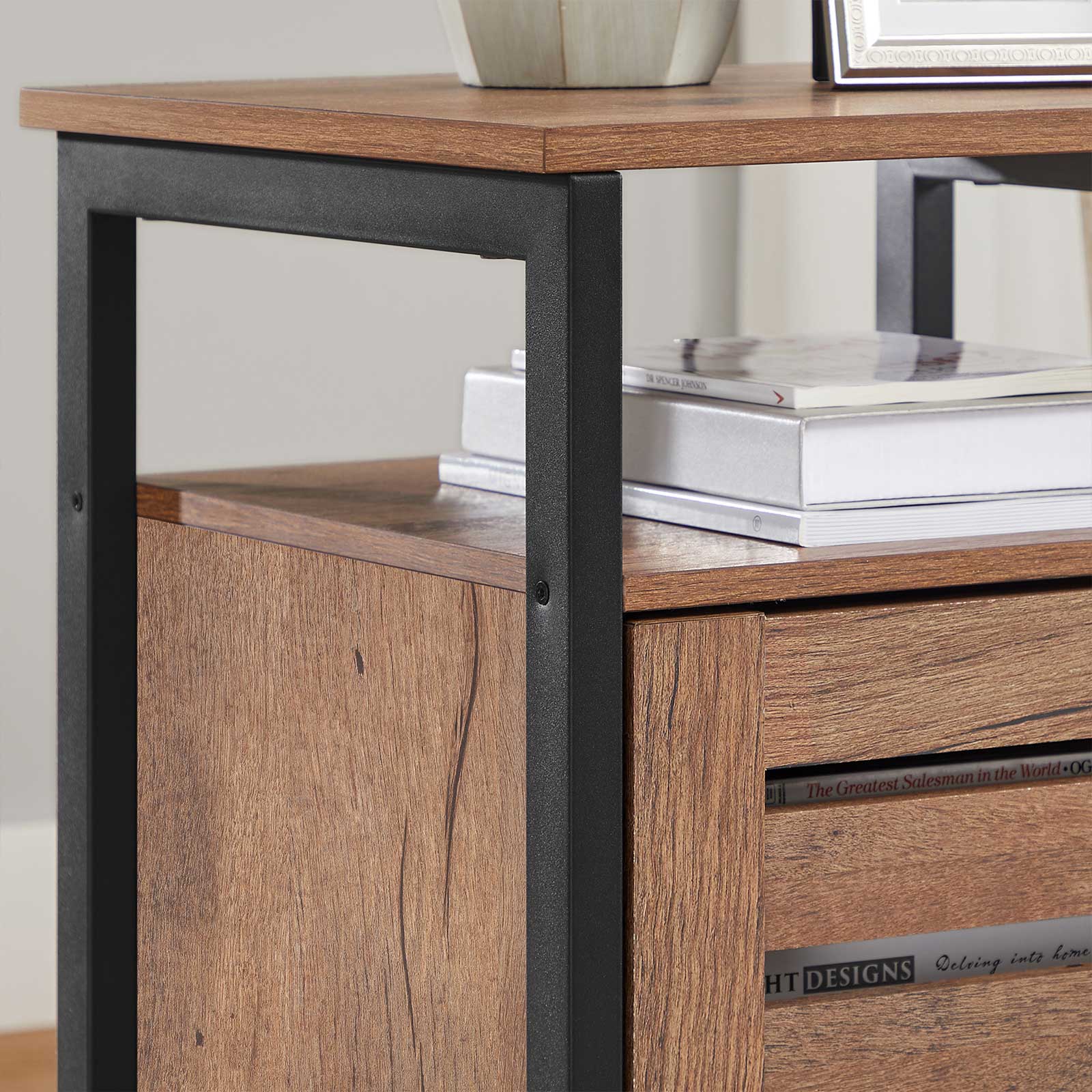 Nightstand - Steel - Hazelnut Brown and Black - 2 Adjustable Shelves