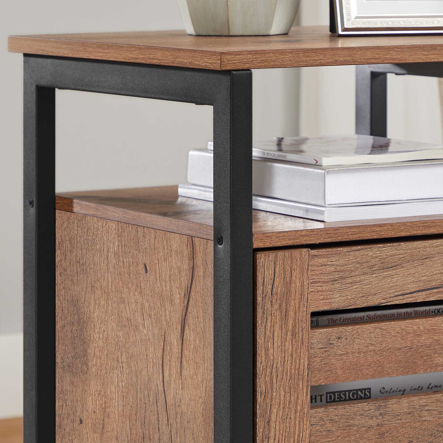 Nightstand - Steel - Hazelnut Brown and Black - 2 Adjustable Shelves