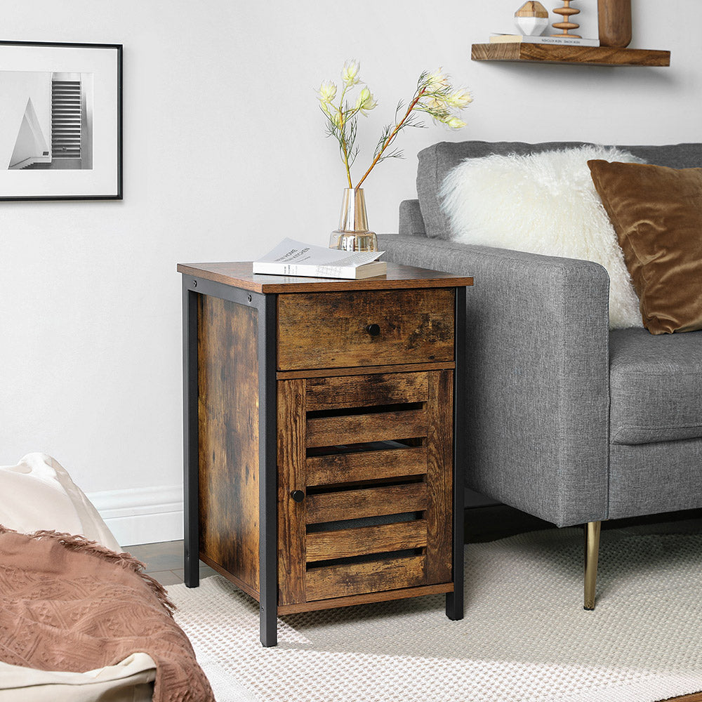 Nightstand - Metal Frame - Rustic Brown and Black - Shutter Door with Storage
