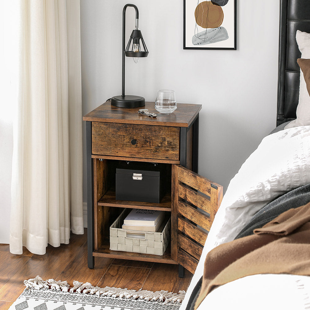 Nightstand - Metal Frame - Rustic Brown and Black - Shutter Door with Storage