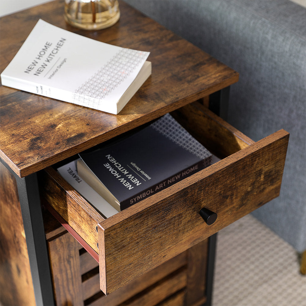 Nightstand - Metal Frame - Rustic Brown and Black - Shutter Door with Storage