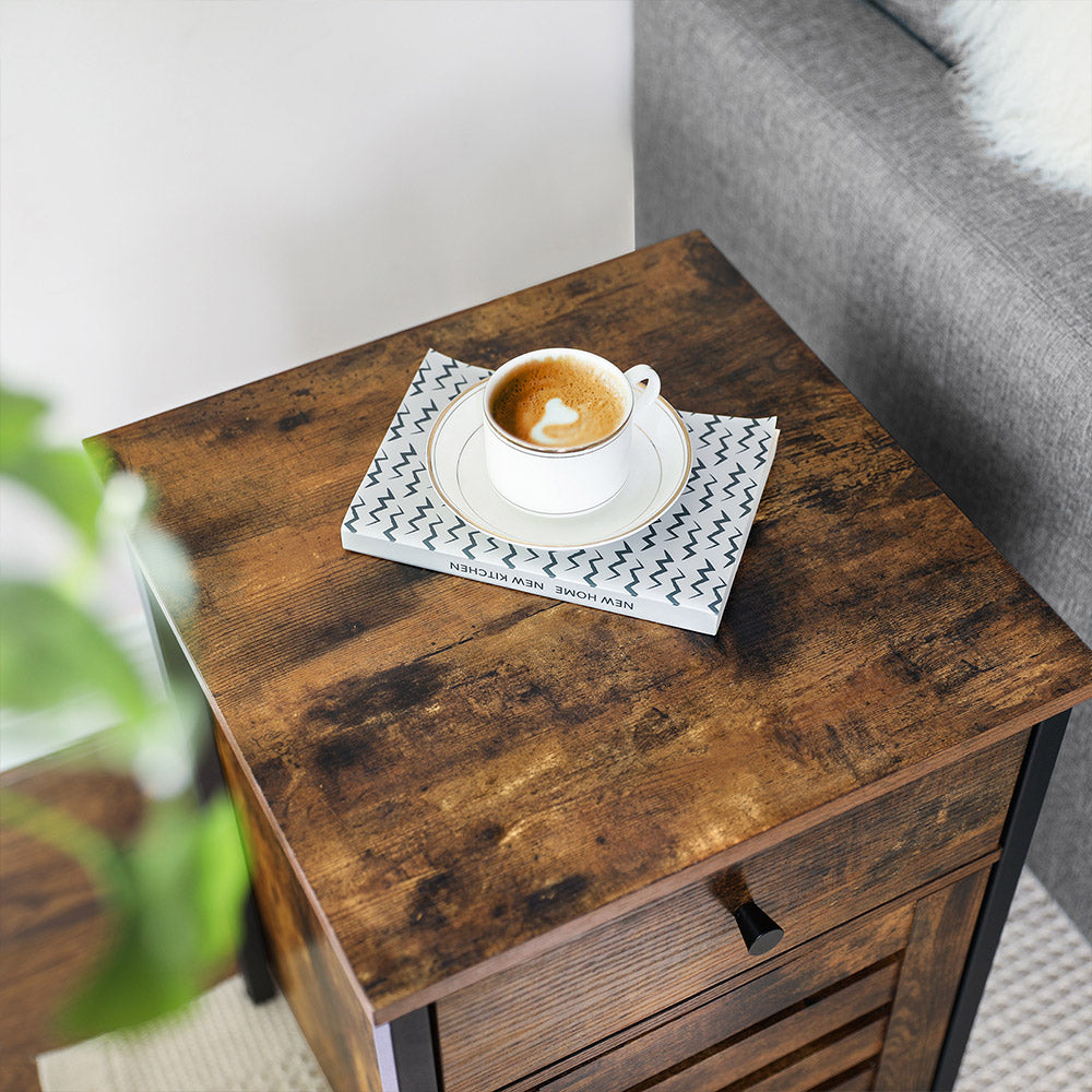 Nightstand - Metal Frame - Rustic Brown and Black - Shutter Door with Storage