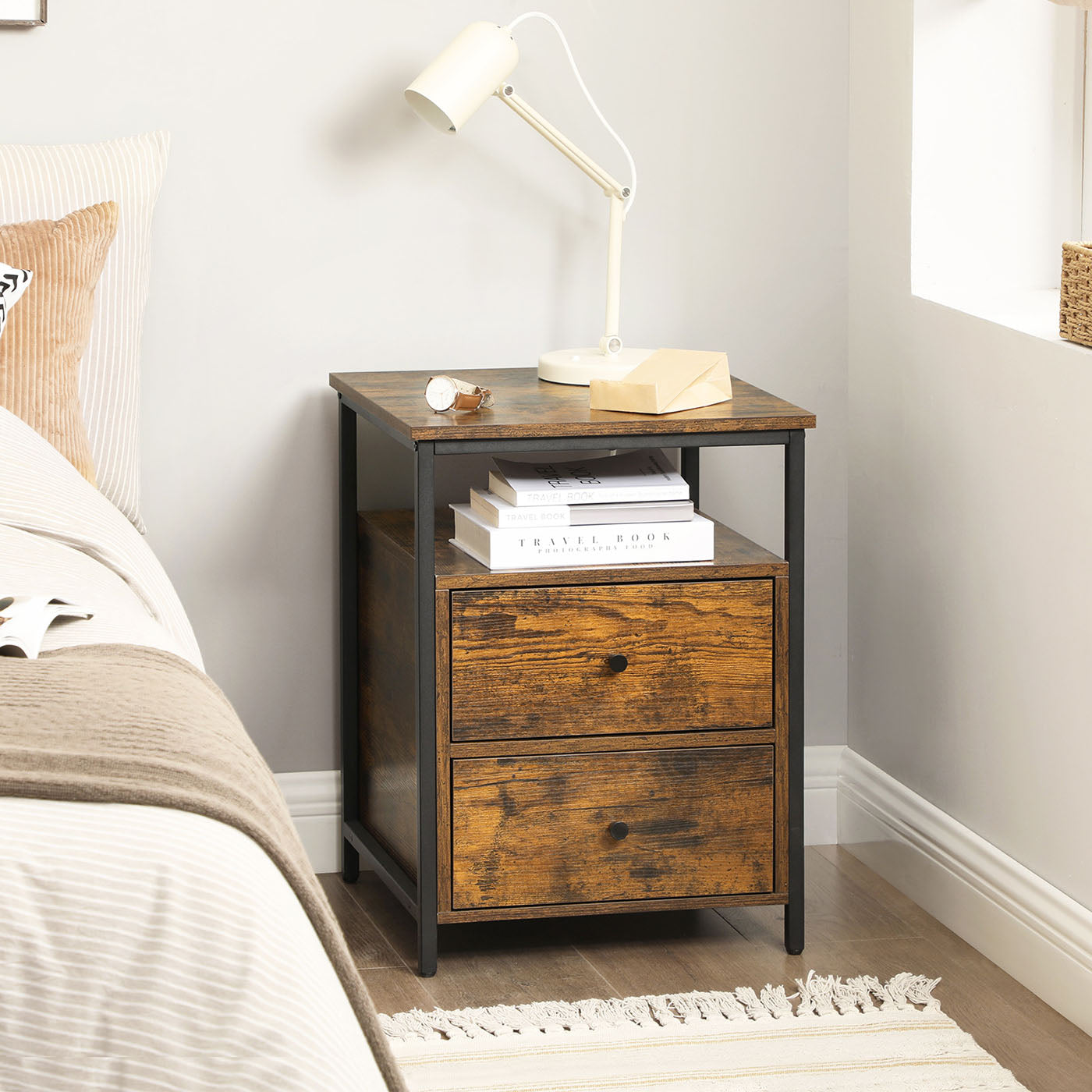 Nightstand - Wood - Rustic Brown and Black - Open Shelf and 2 Drawers